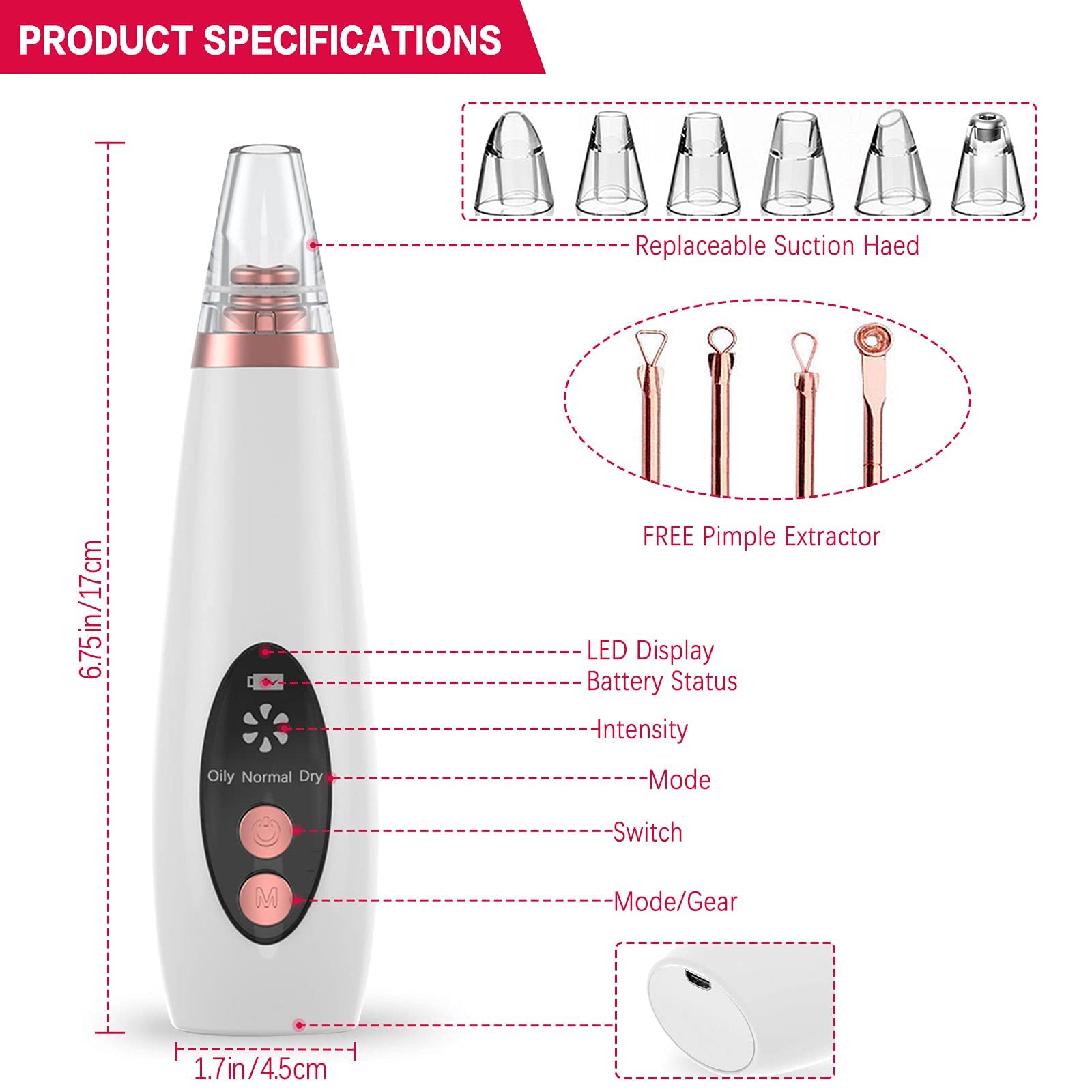 Blackhead Remover Pore Vacuum - 3 Modes, 5 Probes, USB Rechargeable for Clear Skin
