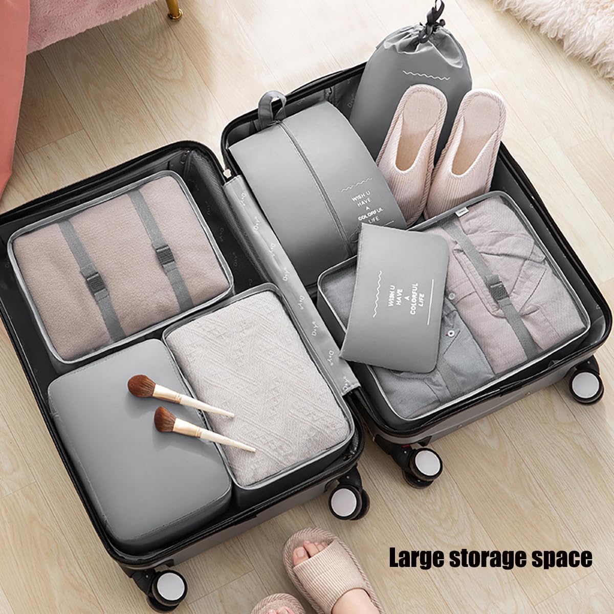 7-Piece Packing Cubes Set for Suitcases - Lightweight Travel Luggage Organizers with Compression Shoe Bag & Clothing Storage | Perfect for Men & Women Travel Accessories | Grey | Ideal for Business Trips, Vacations & Backpacking