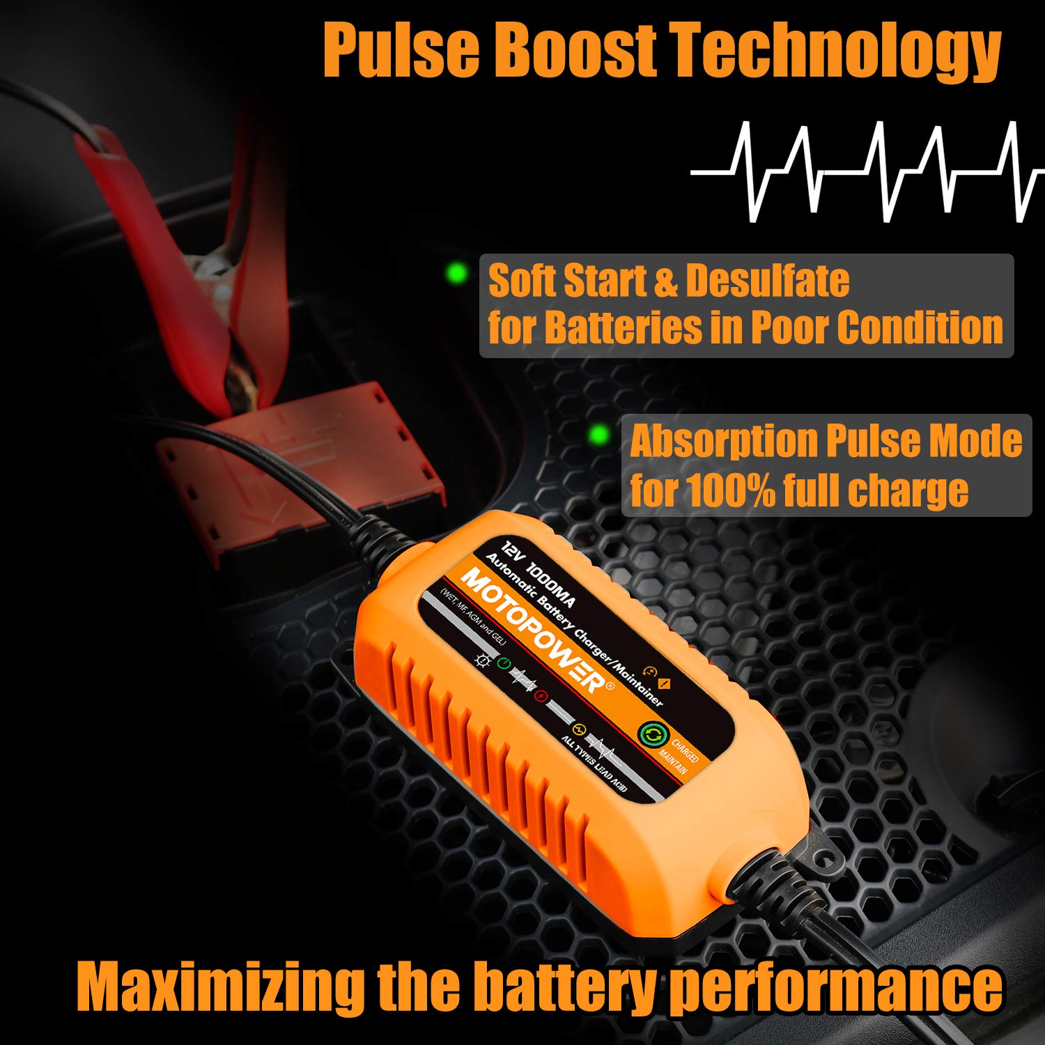 MOTOPOWER 12V 1000mA Automatic Battery Charger - Smart Battery Maintainer & Desulfator with Timer Protection - Perfect for Cars, Motorcycles, ATVs & Marine Batteries