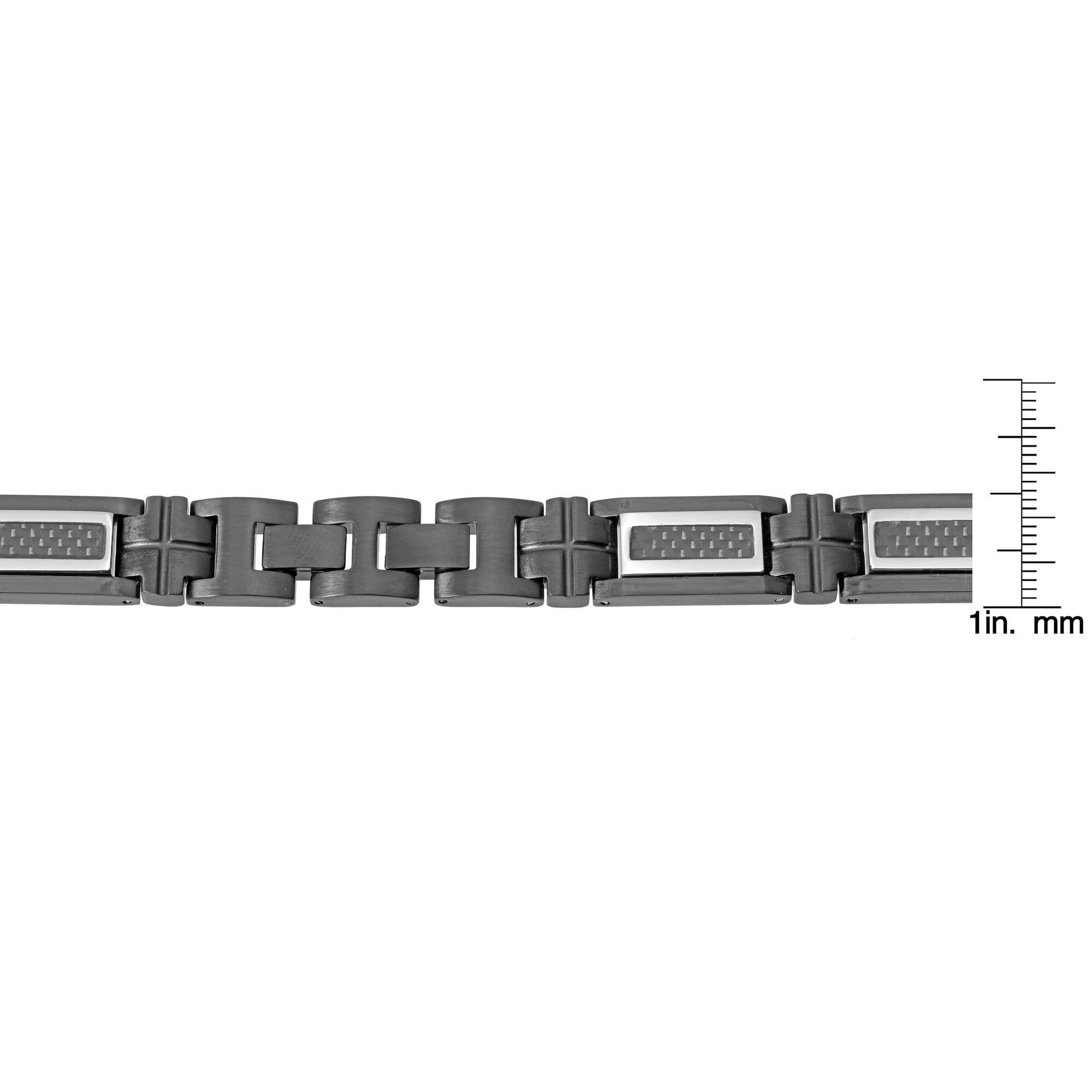 Men's Stainless Steel Carbon Fiber Link Bracelet - Black Ion Plated, 8.5 Inch Length, 13.2mm Width with Secure Fold Over Clasp | Durable Fashion Accessory for Business, Casual & Formal Occasions
