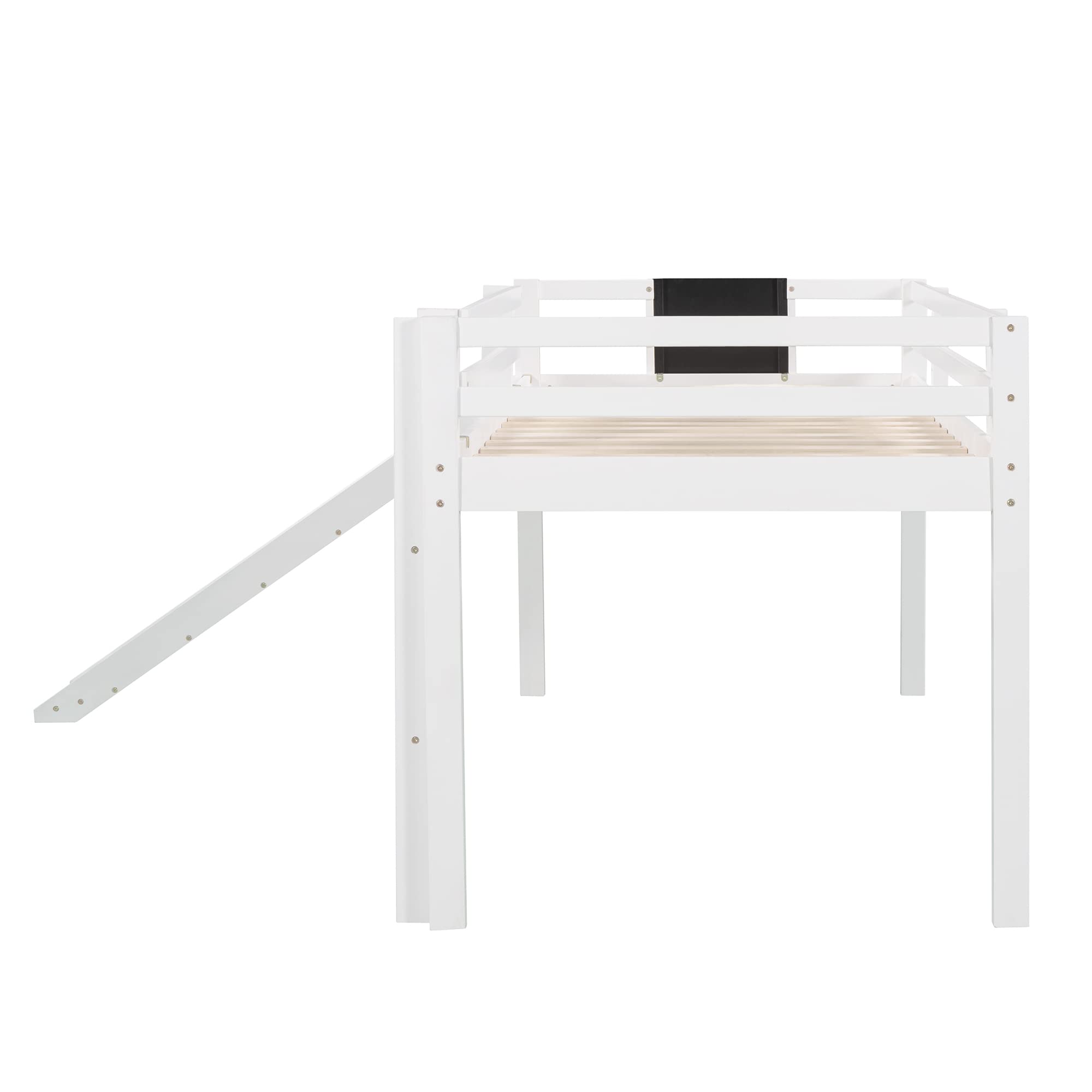 Harper & Bright Designs Twin Loft Bed with Slide - Solid Wood Low Bunk Bed with Chalkboard for Kids, Girls & Boys - White | Perfect for Small Bedrooms, Playrooms & Kids' Shared Spaces