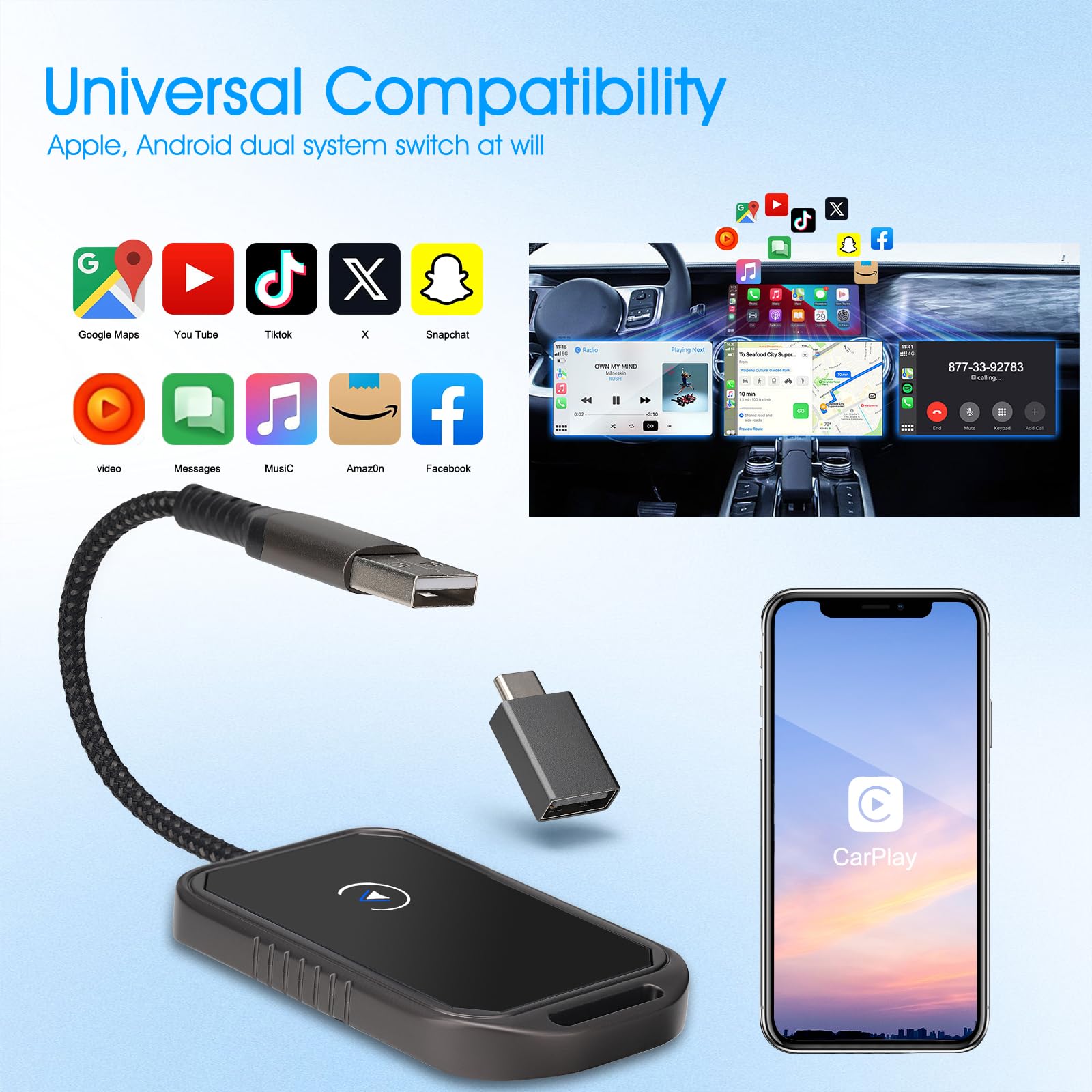Wireless CarPlay & Android Auto Adapter - 2-in-1 Plug & Play Dongle for iPhone & Android - Convert Wired to Wireless - Compatible with iOS 10+ & Android 11+ - Perfect for Hands-Free Driving & Seamless Music Streaming