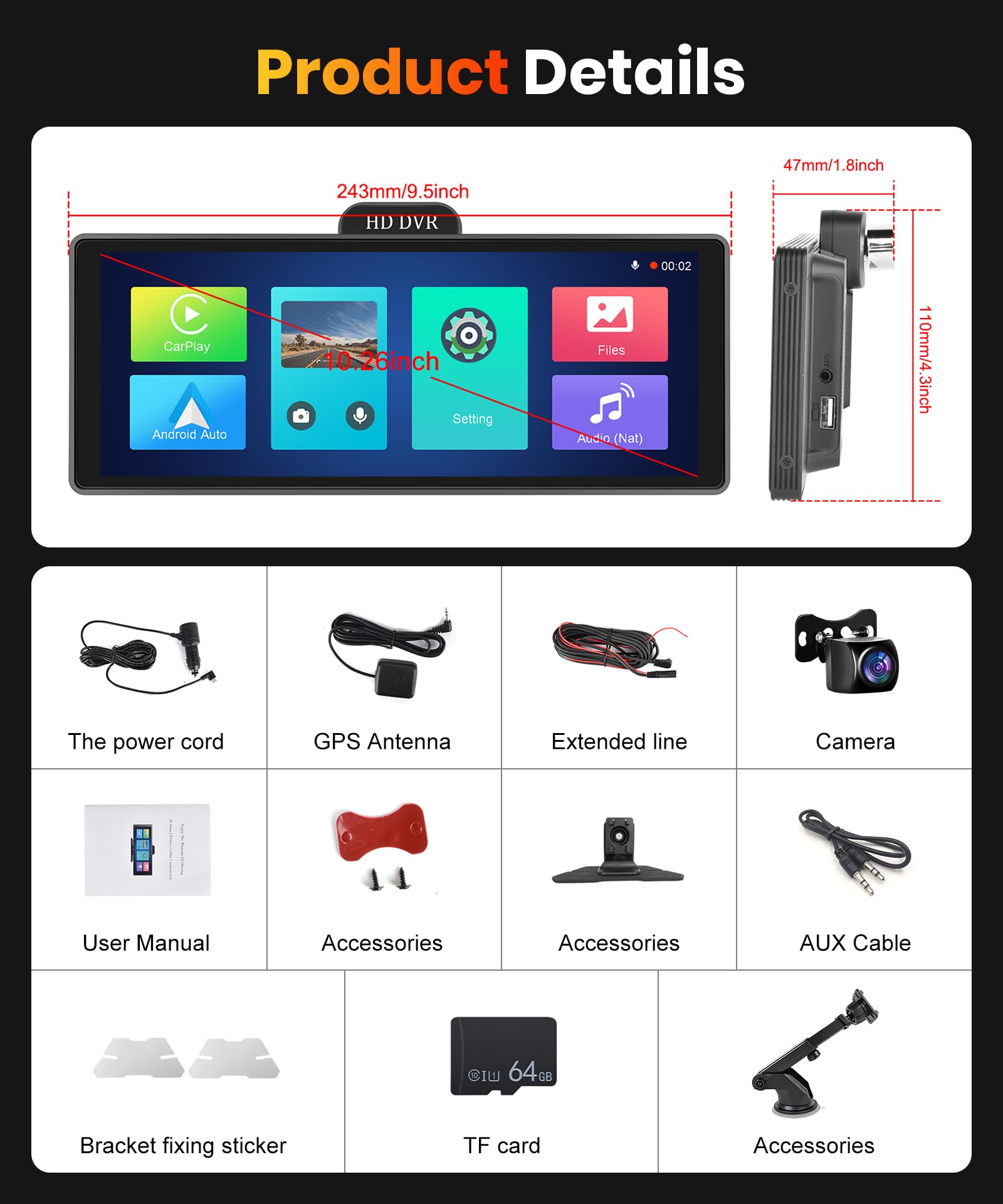 10.26 Inch Wireless CarPlay & Android Auto Screen for Car - HD IPS Touchscreen with Built-in Dash Cam & Rear Backup Camera, Dual Bluetooth, GPS, AUX, 64GB TF Card - Perfect for Safer Driving & Hands-Free Navigation