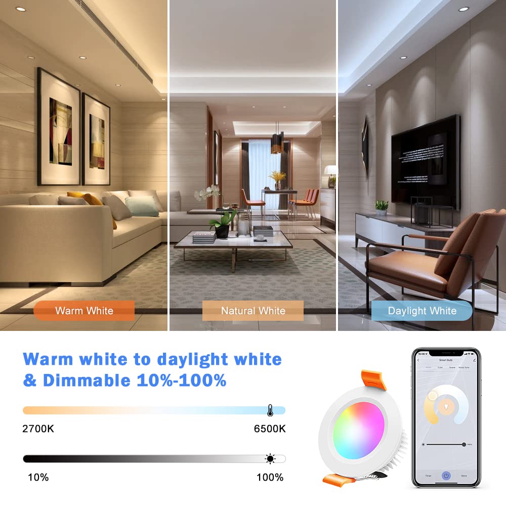 inShareplus 6 Pack 2 Inch Smart Recessed Lighting - WiFi LED Downlight 5W 120V, Dimmable RGBCW 2700-6500K Color Changing, Works with Alexa & Google Assistant - Perfect for Bedroom, Kitchen, Living Room Ceiling Lights