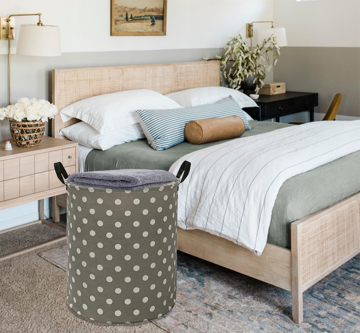 Waterproof Canvas Storage Bin & Laundry Hamper with Handles - Multi-Purpose Clothes Basket, Toy Organizer, Nursery Hamper for Home, Office, Dorm (Gray Dot) | Perfect for Closet Organization, Baby Room Storage & Gift Basket