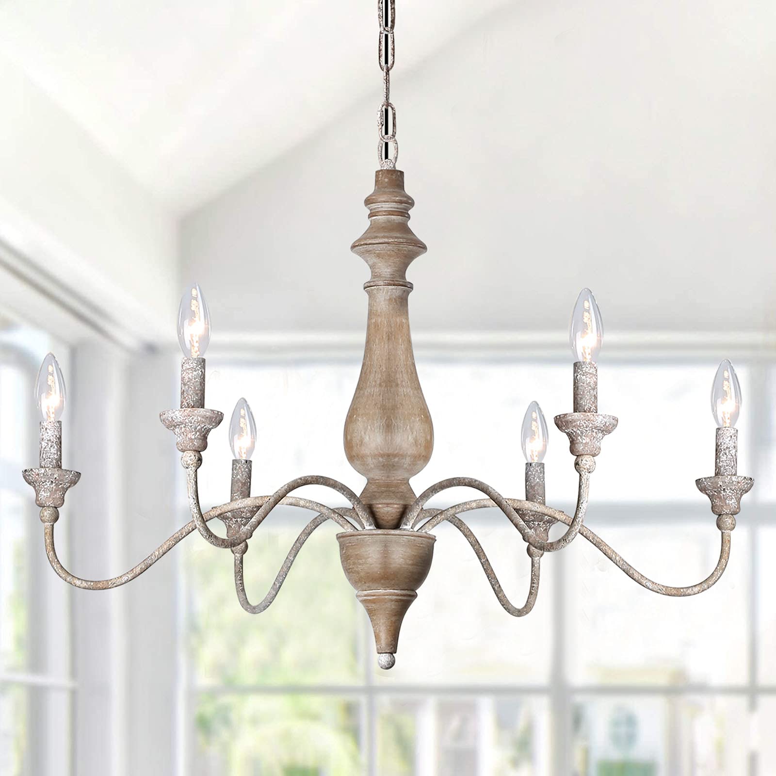 T&A 6-Light French Country Chandelier - Rustic Wood Finish Farmhouse Lighting Fixture for Dining Room, Kitchen & Living Room | Perfect for Rustic, Vintage & Farmhouse Home Decor