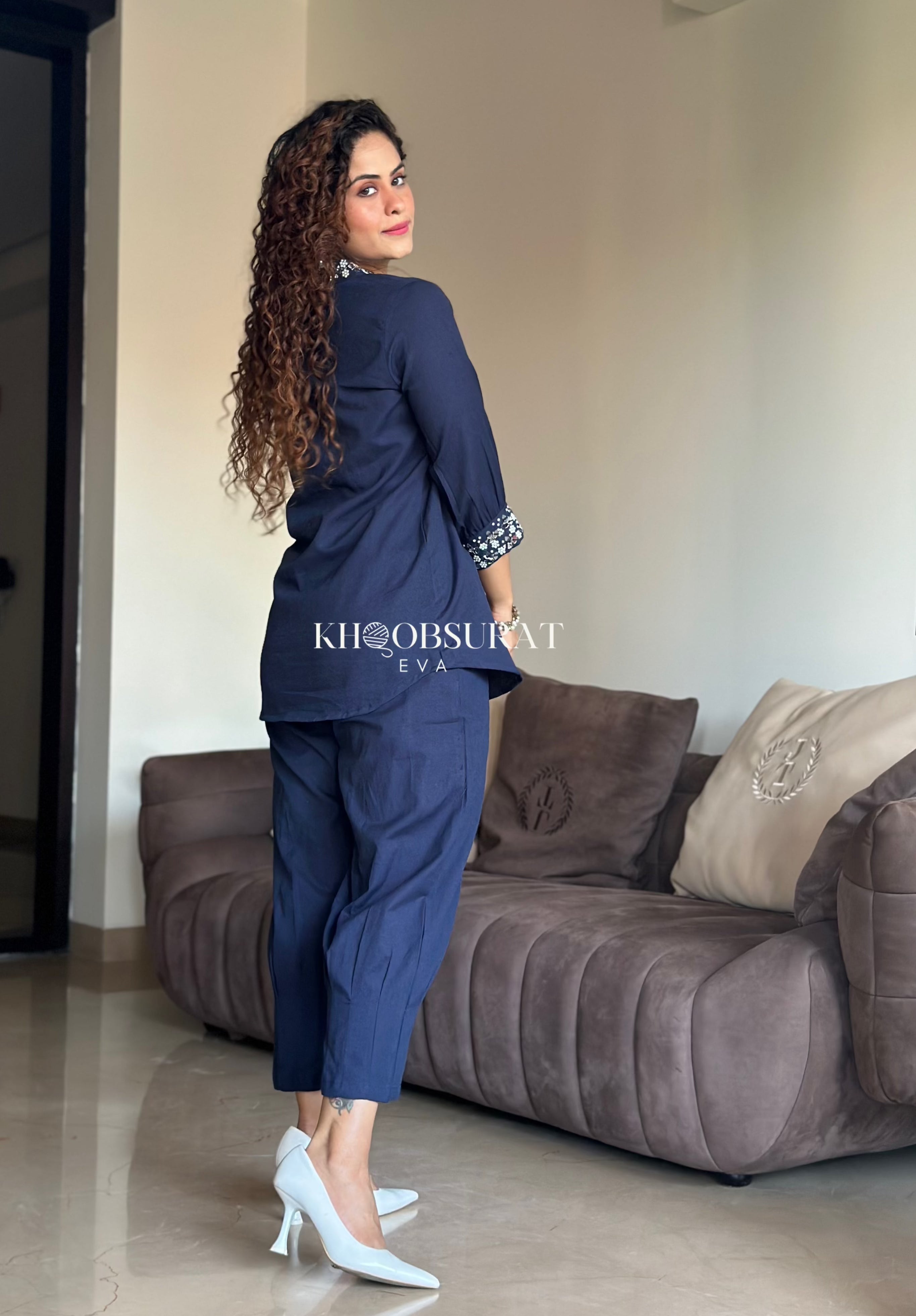 RHEA Blue Mirror Work Co-Ord Set | Stylish Indian Embroidered Two-Piece Outfit for Women | Perfect for Festivals, Weddings & Special Occasions