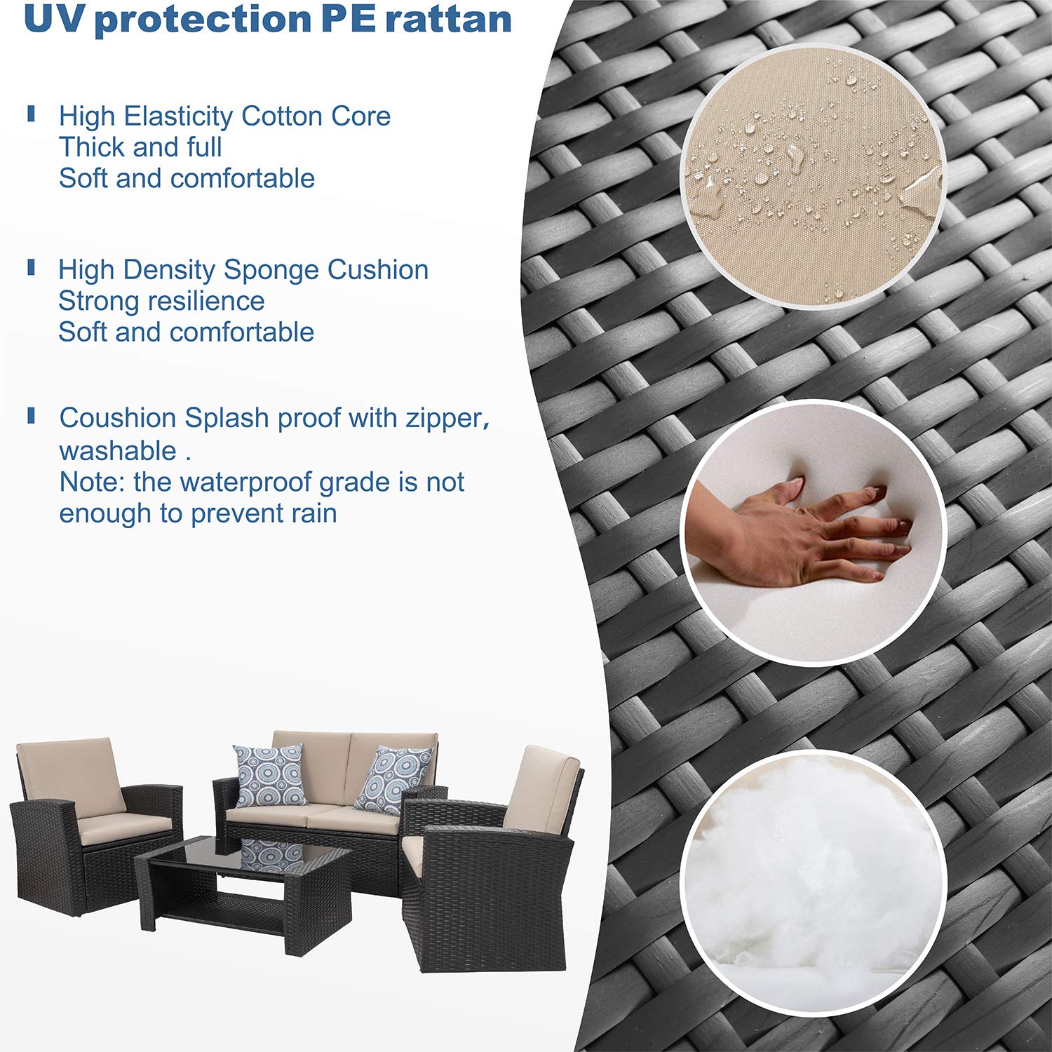 Shintenchi 4-Piece Outdoor Patio Furniture Set - All-Weather Wicker Rattan Sectional Sofa with Tempered Glass Coffee Table | Black | Perfect for Backyard, Garden, Poolside & Patio Relaxation