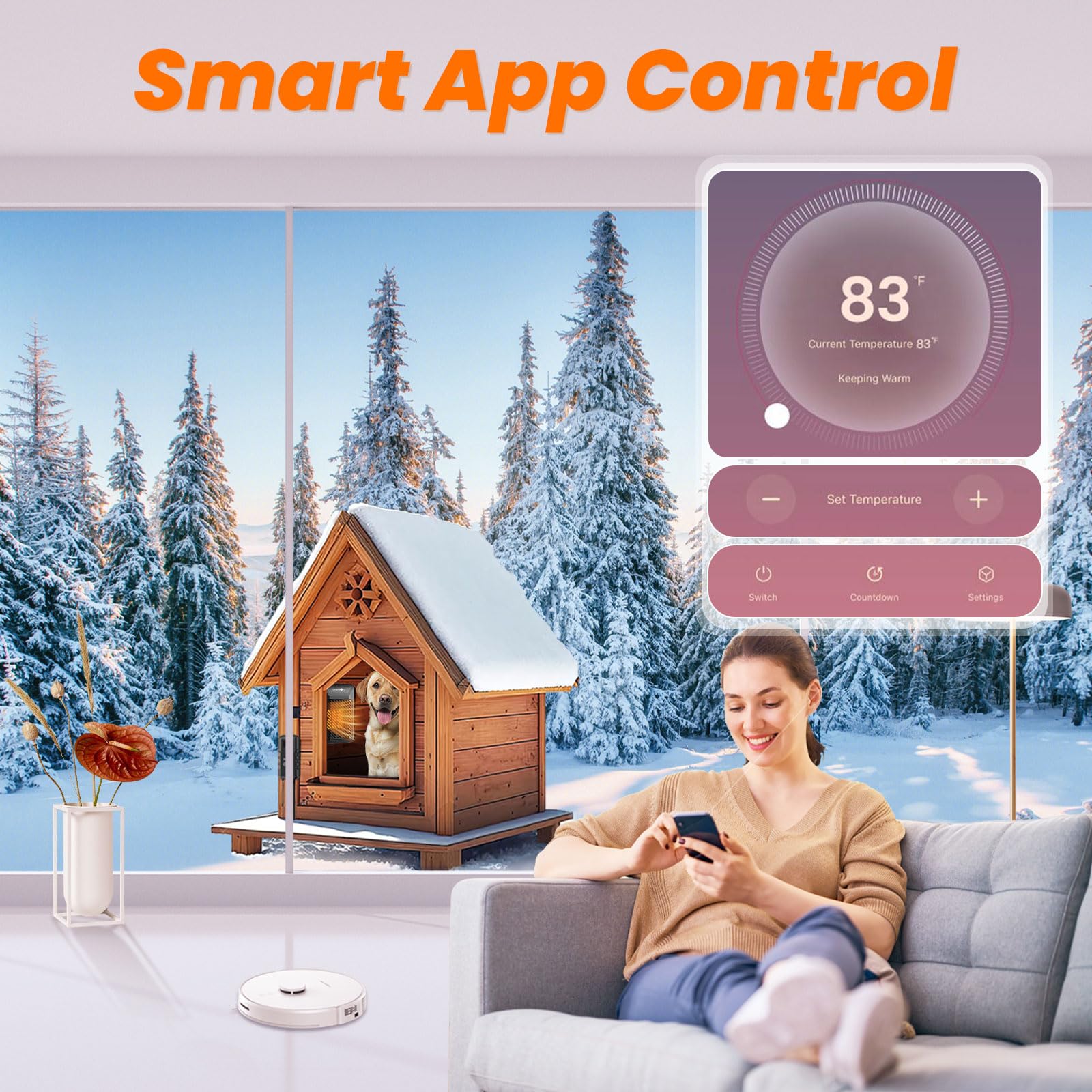 WiFi Dog House Heater with APP Control - 500W Adjustable Thermostat (41°F-113°F), 24H Timer, IPX5 Waterproof & Chew-Proof Cord - Safe Outdoor Pet Heater for Dogs & Cats - Perfect for Winter Kennels, Garages, and Outdoor Shelters