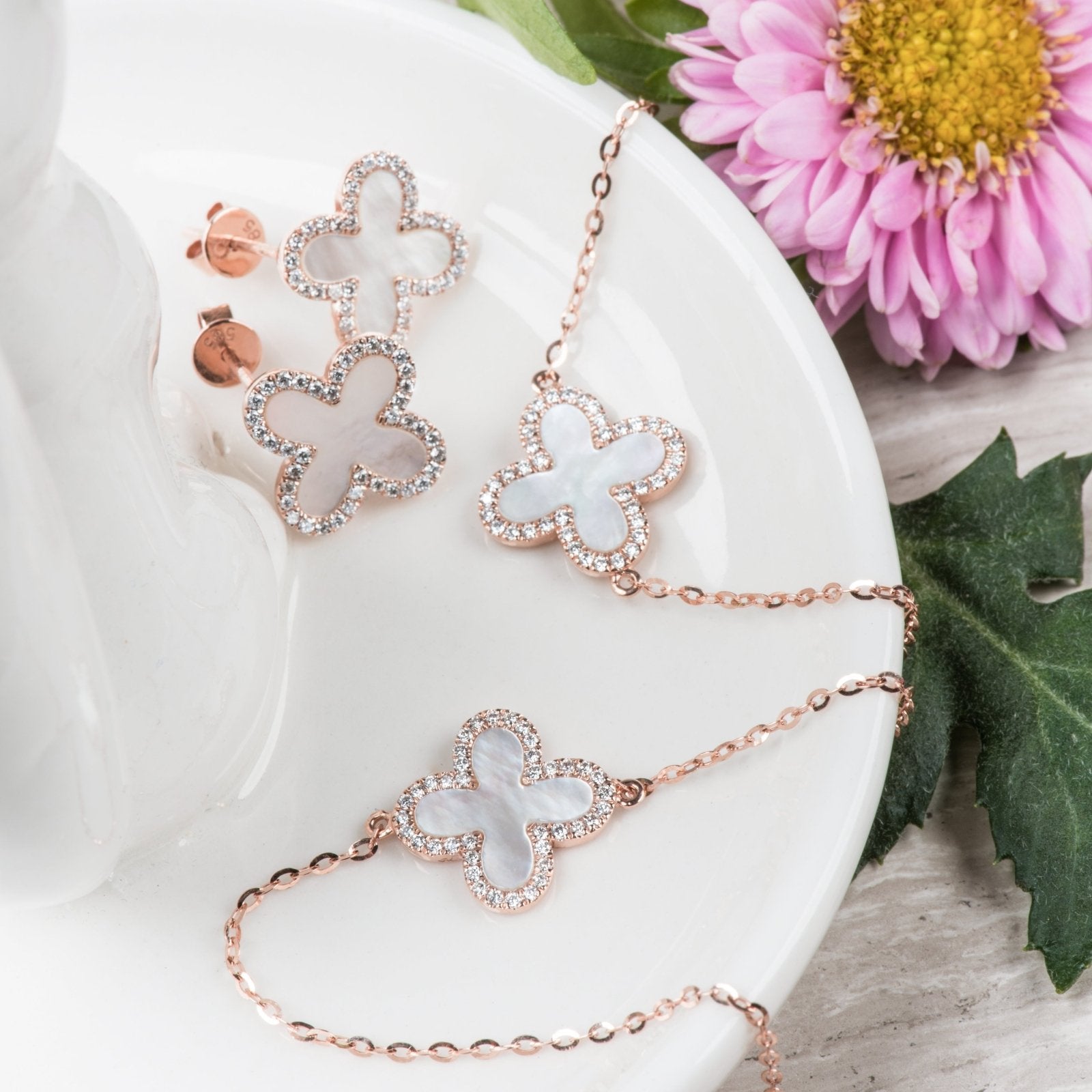 14K Rose Gold Mother of Pearl and Diamond Halo Clover Earrings - Elegant Dangle Stud Earrings for Women, Perfect for Weddings, Parties & Special Occasions