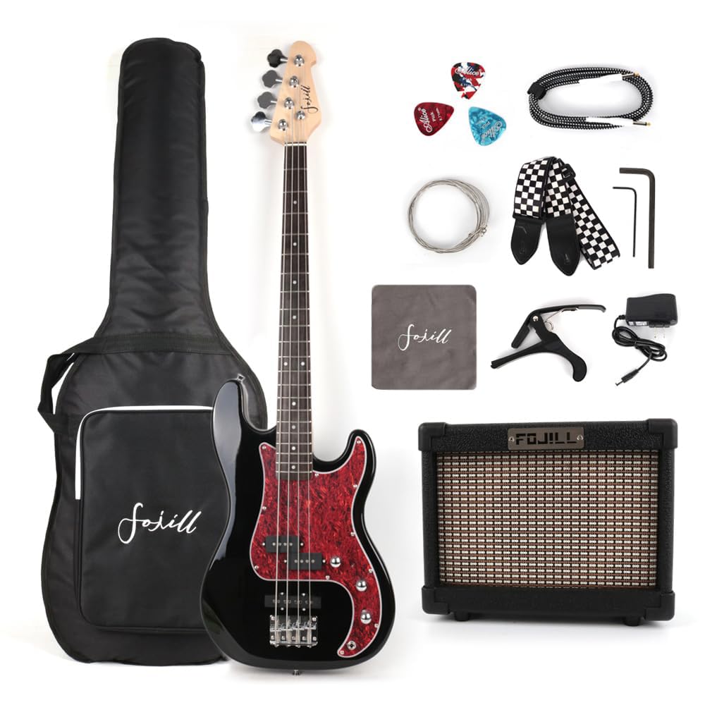 **Full Size 4-String Electric Bass Guitar Starter Kit with 10W Amp, Gig Bag, Picks, Capo & Noise-Free Cable – Perfect for Beginners & Practice Sessions (Black)**