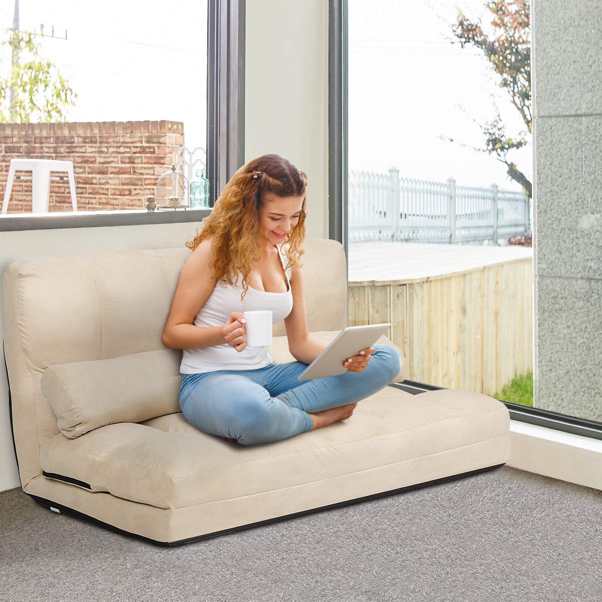 S AFSTAR 6-Position Adjustable Folding Sofa Bed with 2 Pillows - Convertible Futon Couch for Living Room, Bedroom & Small Spaces - Comfortable Sponge Filling Sleeper Sofa (Beige) | Perfect for Apartments, Guest Rooms & Home Offices
