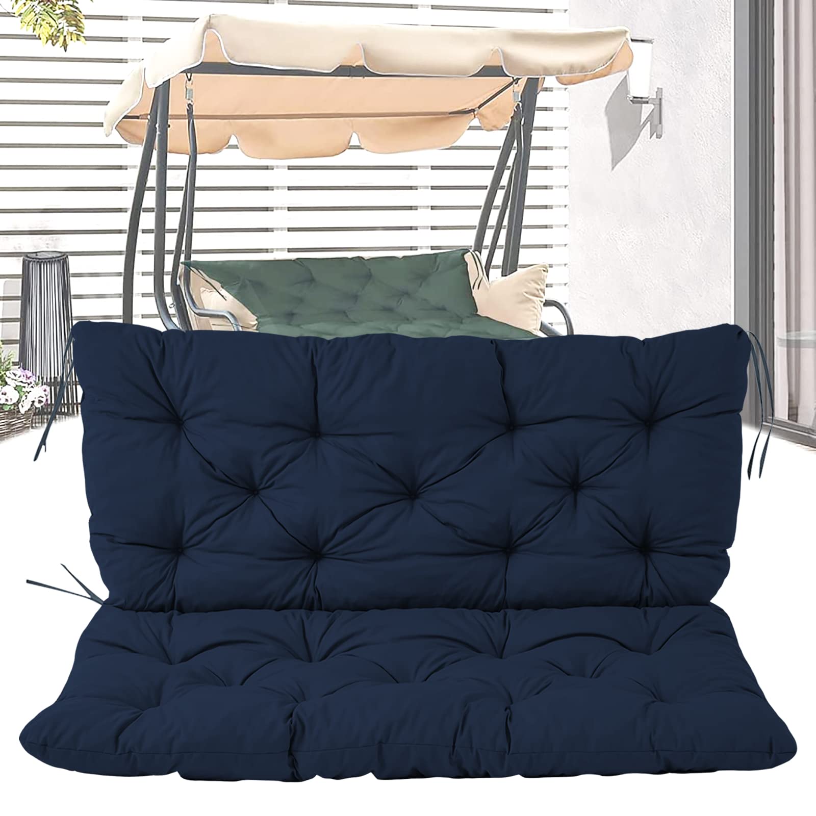 Waterproof Outdoor Swing Cushion 3-Seater with Back - Non-Slip Patio Furniture Bench Cushion Replacement for Garden, Recliner & Sofa Swing (Navy Blue, 59x39.3x3.9 Inches) - Perfect for Backyard, Porch & Poolside Relaxation