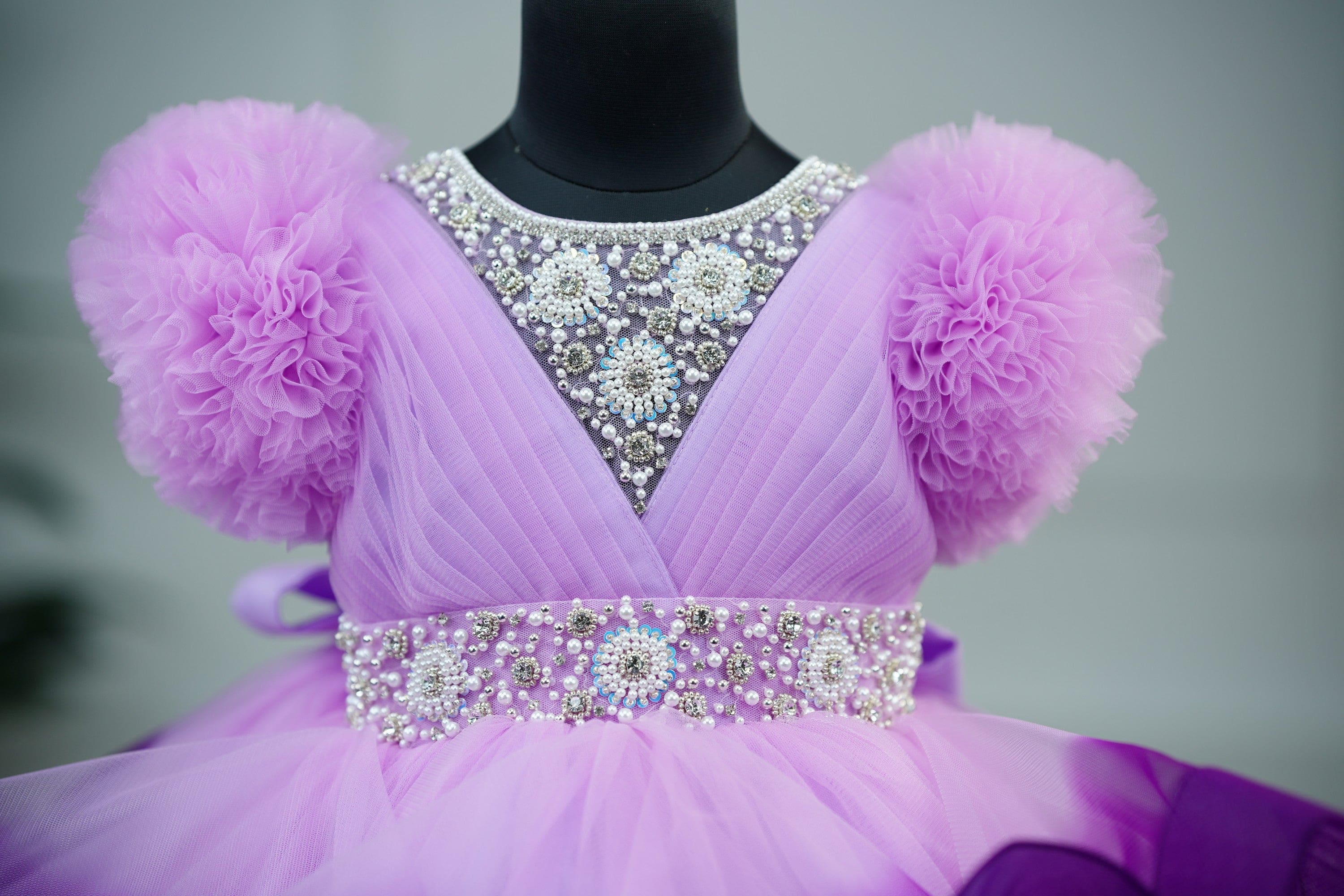 Pre Order: Elegant Lavender Pink & Grape Purple Twirled Gown with Intricate White Beadwork - Perfect for Weddings, Prom & Formal Events