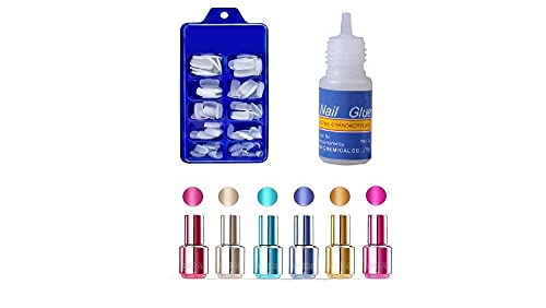 Premium Acrylic Fake Nails Set - 100 Pcs Reusable Artificial Nails with Strong Nail Glue & 6 Mirror Nail Polish Colors | Perfect for Salon, Home Manicure, Parties & Special Occasions