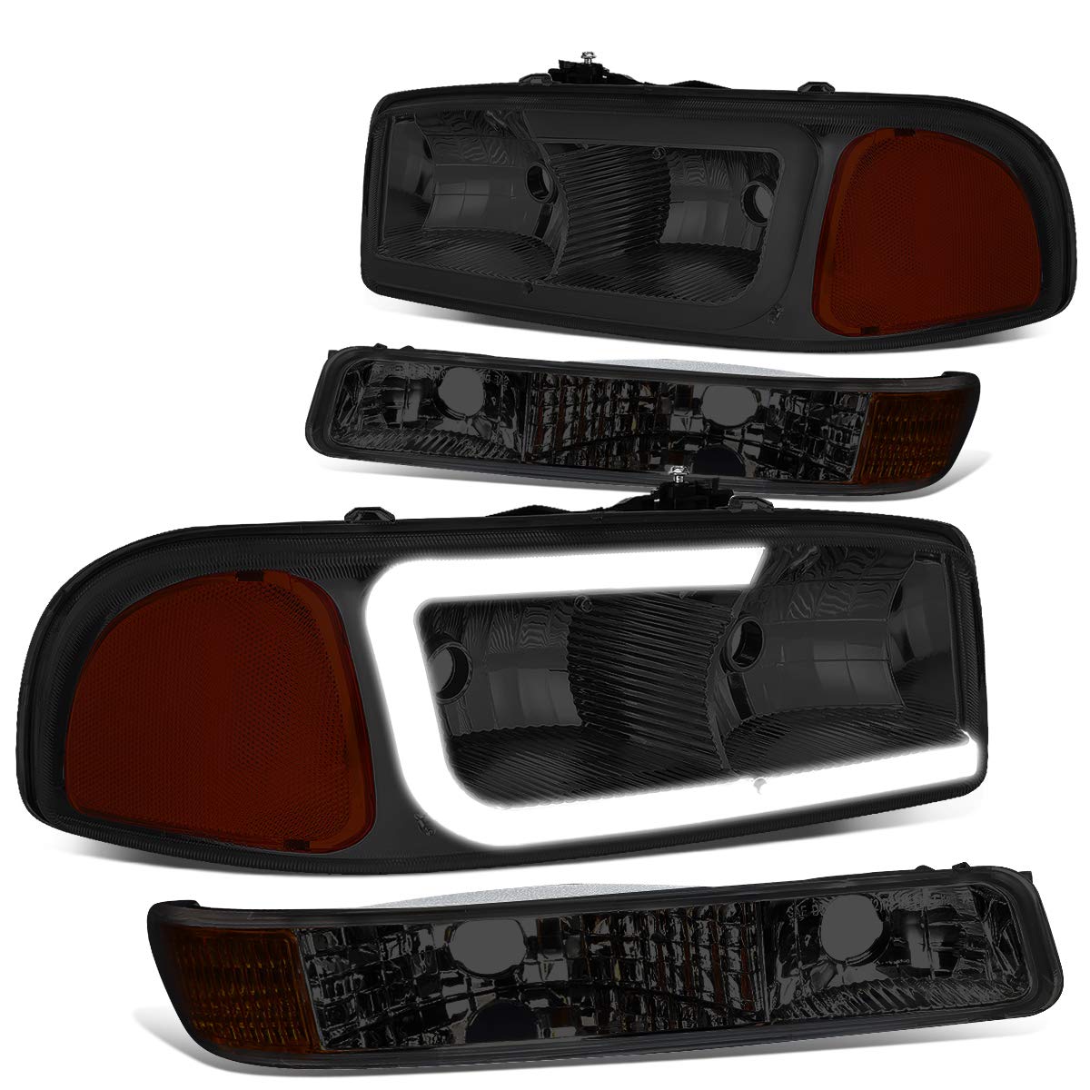 Auto Dynasty LED DRL Headlights for 1999-2007 GMC Sierra - 4Pcs Replacement with Bumper Lamps - Perfect for Off-Road & Night Driving
