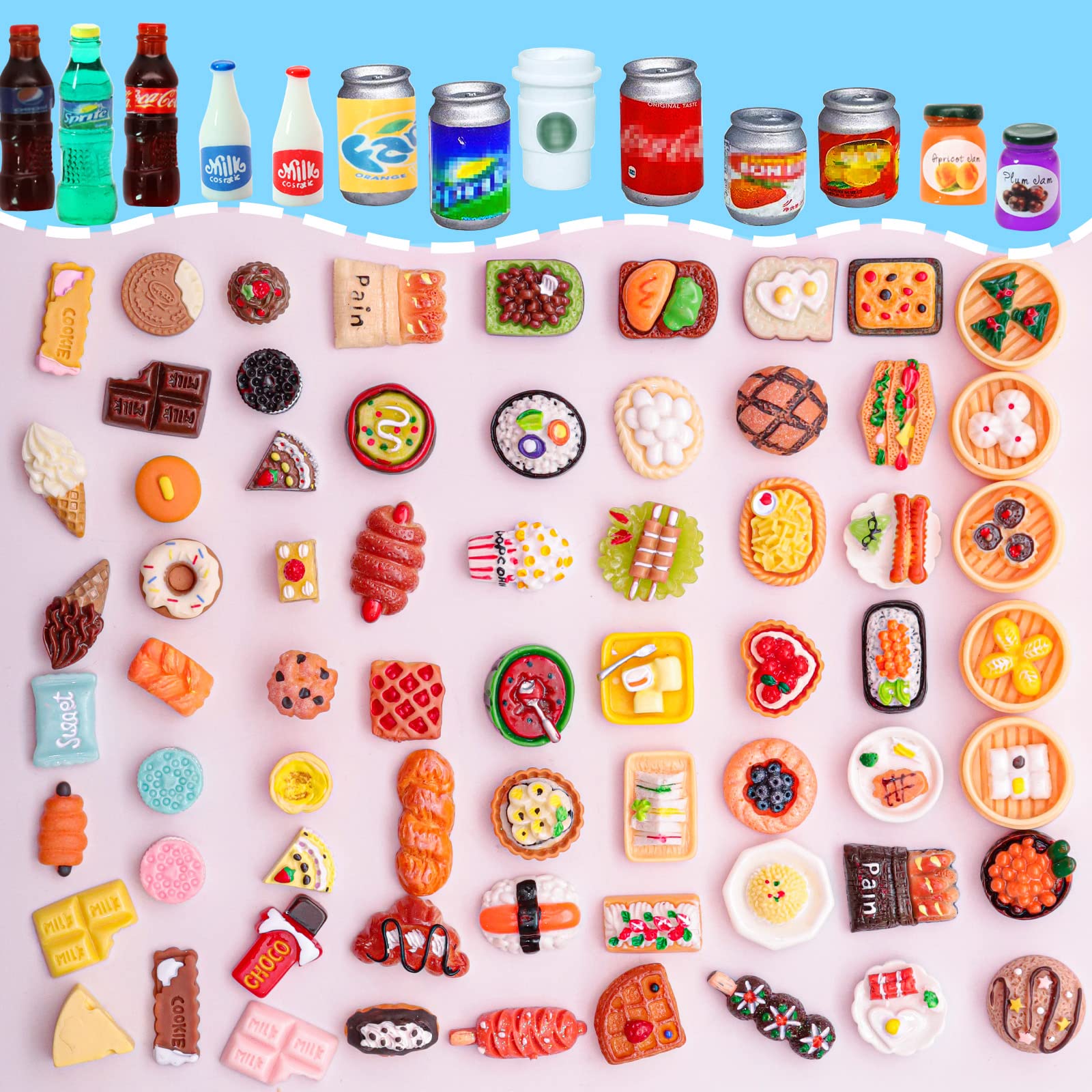 80-Piece Miniature Food & Drink Bottle Toy Set - Pretend Play Resin Dollhouse Kitchen Accessories for Kids | Perfect for Role Play, Tea Parties & Educational Learning Activities
