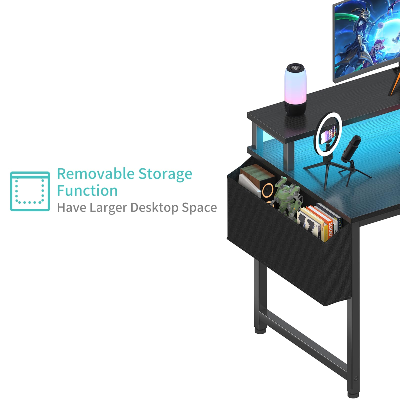 Lufeiya 40 Inch Black Gaming Desk with LED Lights, Power Outlets & USB Charging Station - Ergonomic Computer Desk with Monitor Stand for Home Office, Gaming Setup & Teen Study Room | Perfect for Streaming, Online Classes & Work from Home