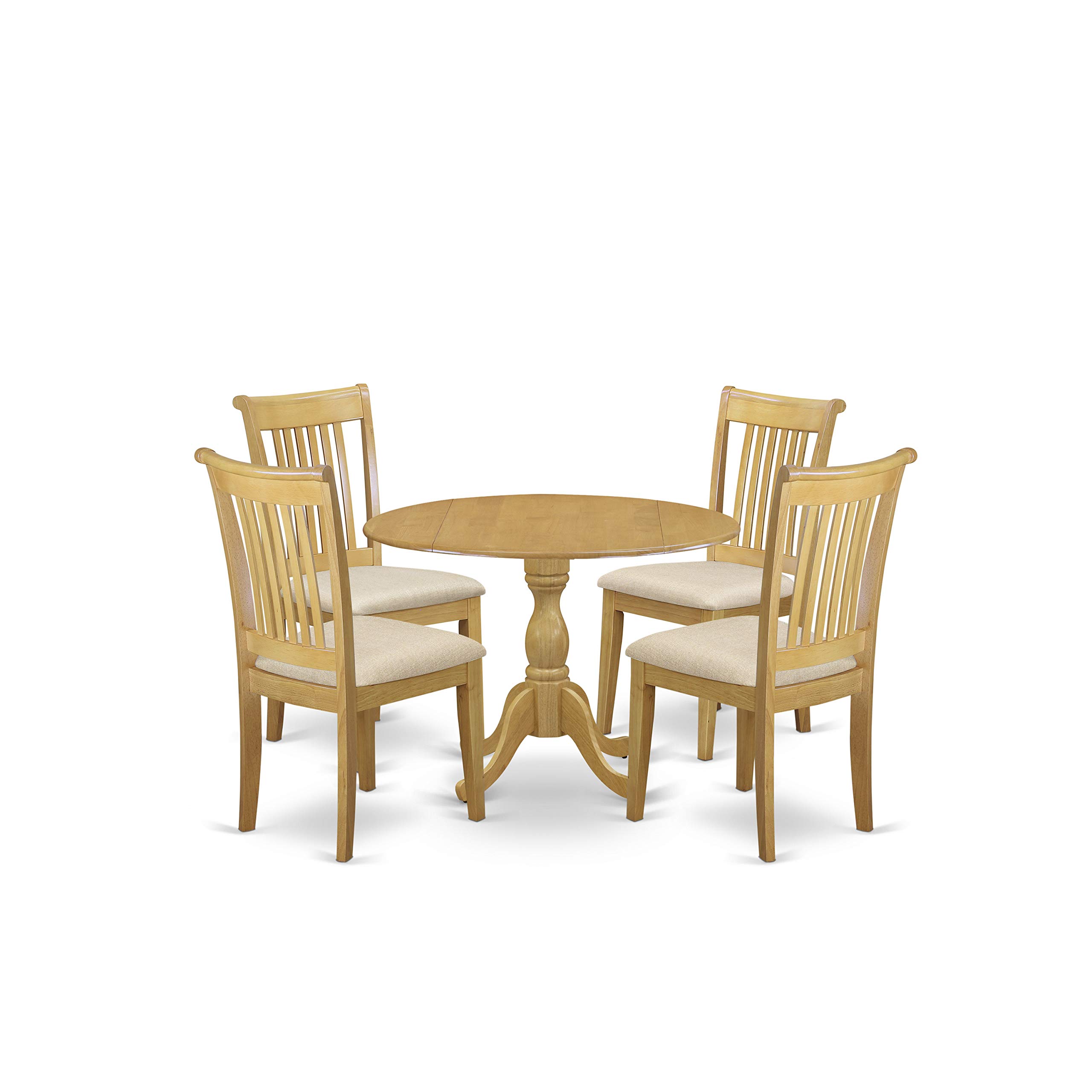 East West Furniture 5-Piece Oak Kitchen Table & Chairs Set with Drop Leaf - Round Dining Table & 4 Linen Fabric Chairs, 42x42 Inch - Perfect for Small Spaces, Breakfast Nooks & Cozy Dining Rooms