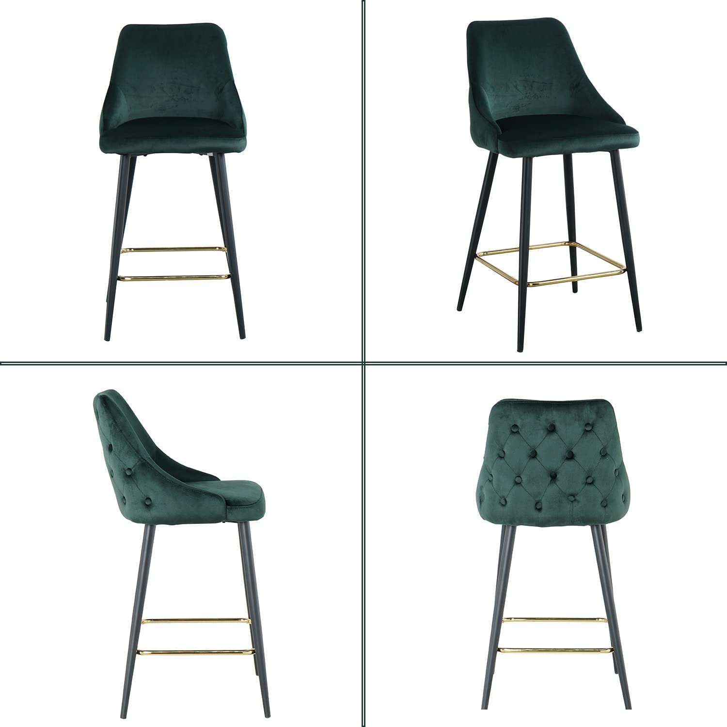 Yoluckea Modern Velvet Counter Height Bar Stools Set of 2 - Back Support & Footrest, Upholstered Armless Barstools for Kitchen Island, Breakfast Nook, Dining Room & Home Bar (B-Green)