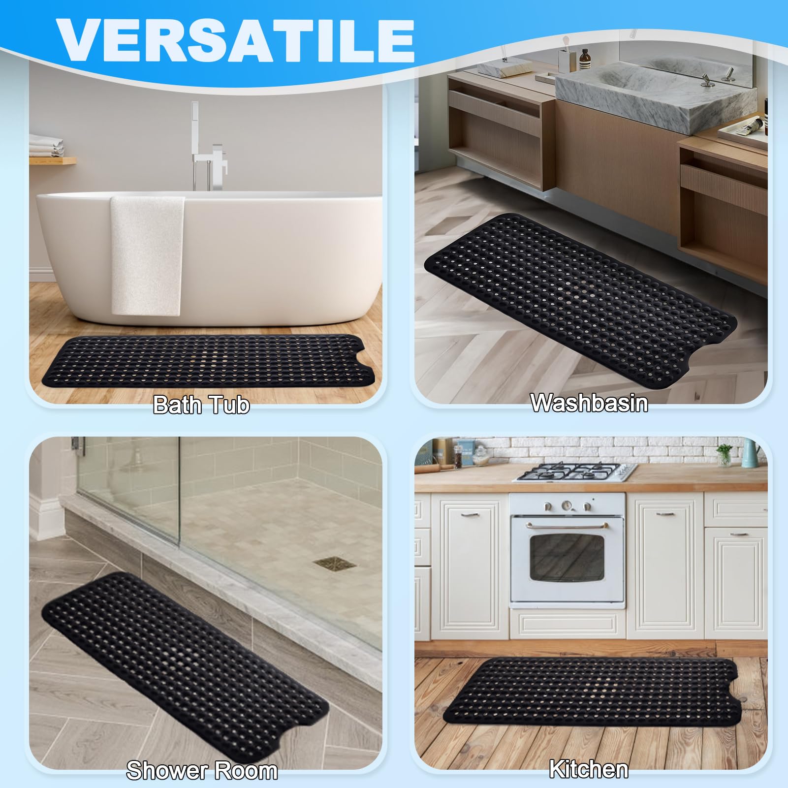 Non-Slip Bath Mat 40x16 Inch Extra Large - Soft Bathtub & Shower Mat with Strong Suction Cups & Drain Holes | Machine Washable Black Bathroom Floor Mat for Safety & Hygiene | Perfect for Kids, Elderly & Wet Areas