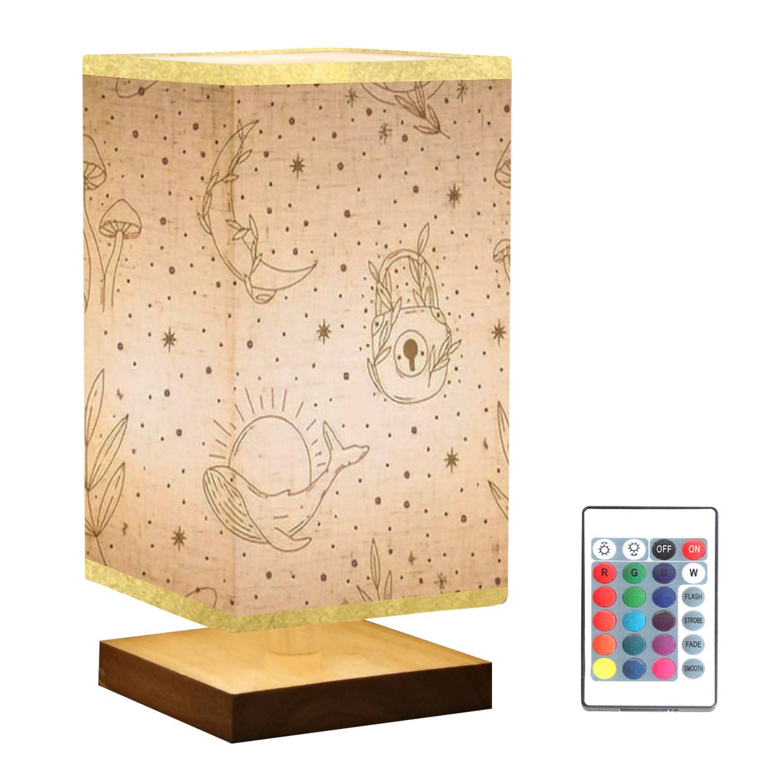 **Modern Square Bedside Table Lamp with Wooden Base & Flaxen Fabric Shade - Dimmable Nightstand Lamp for Bedroom, Living Room, Office - Mystic Mushroom & Moon Design, Perfect for Reading, Relaxation & Ambient Lighting**