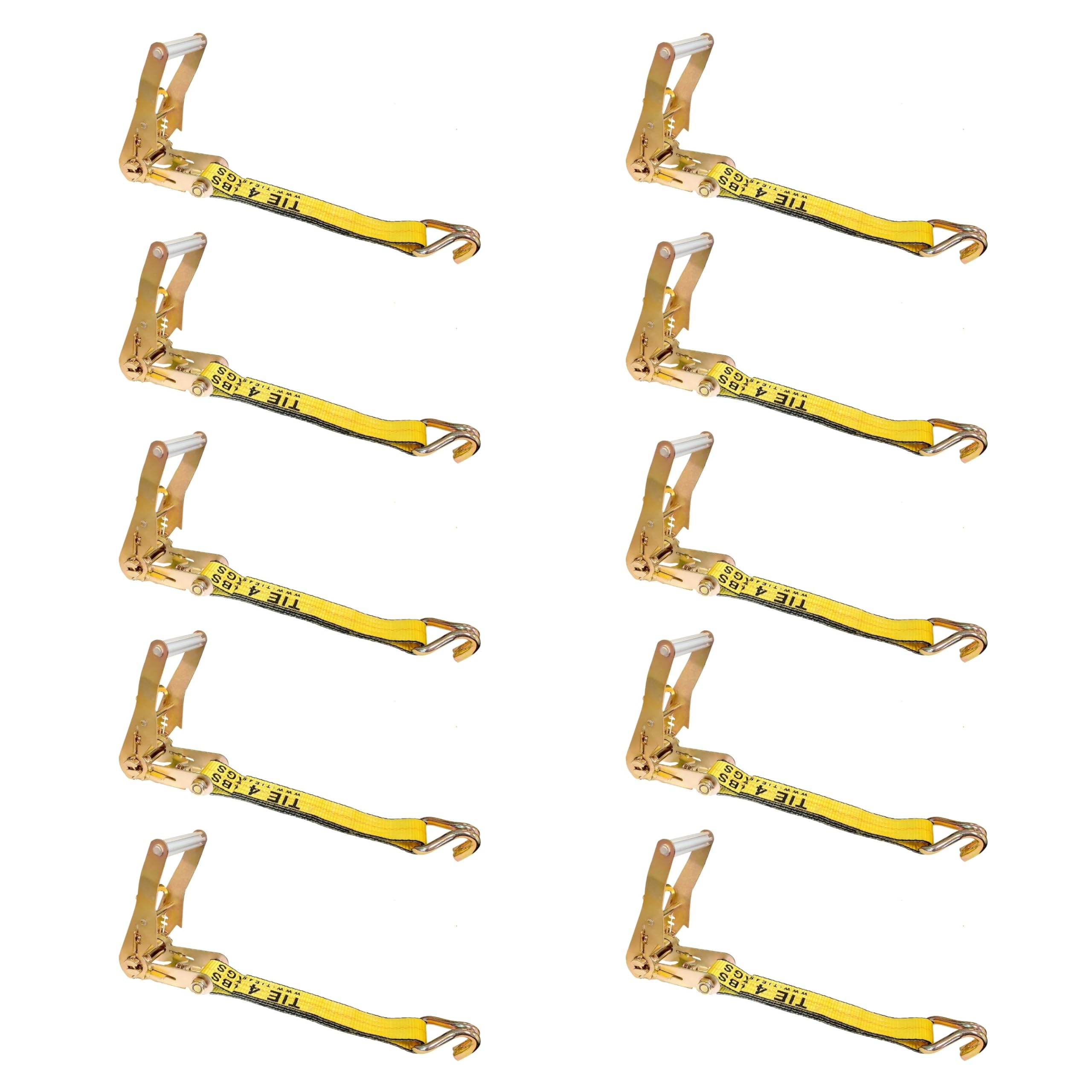 2 Inch Heavy Duty Fixed End Straps with J Hooks - 10 Pack Yellow Ratchet Tie Down Straps for Truck, Motorcycle, ATV & Cargo Securing