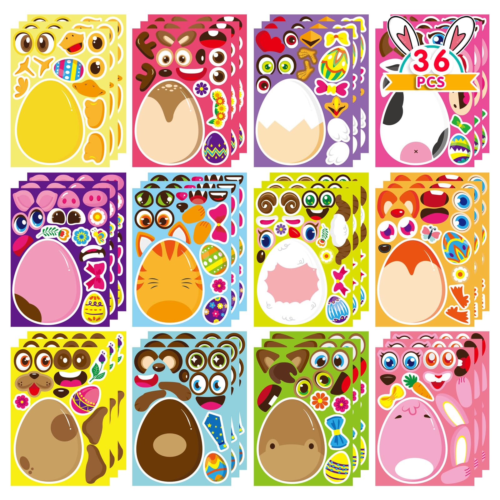 36PCS Easter Stickers for Kids - DIY Face Easter Egg Stickers, Easter Basket Stuffers & Party Favors - Fun Easter Decorations & Gift Ideas for Classroom Activities, Egg Hunts & Spring Celebrations