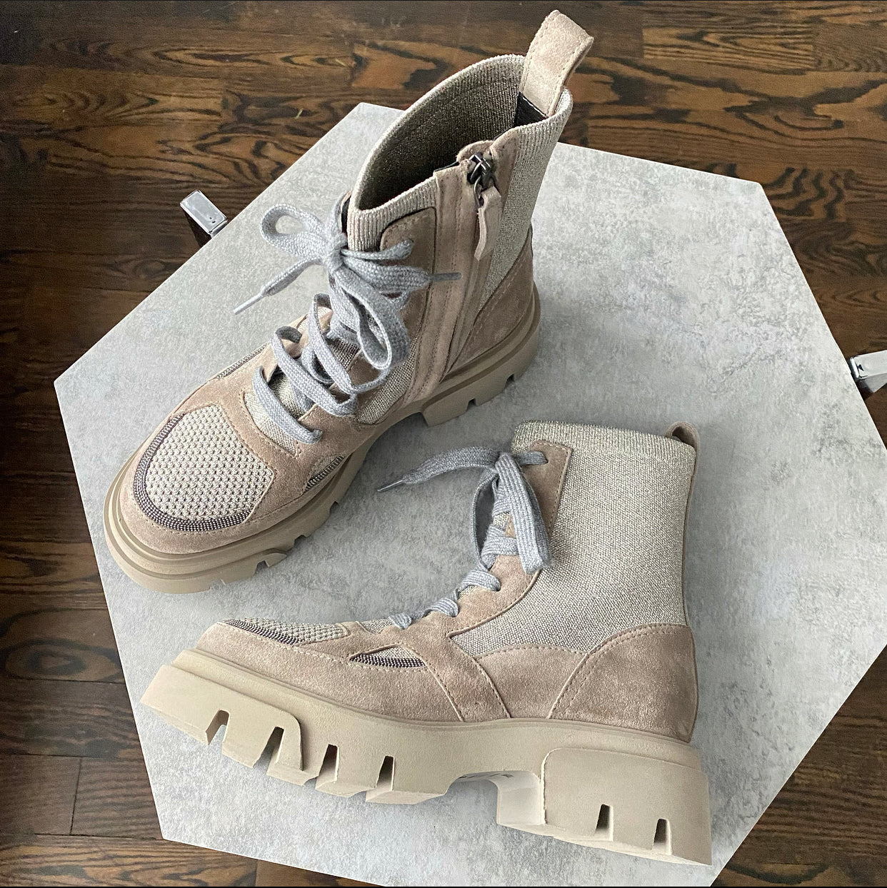 Brunello Cucinelli Light Taupe Monili Lace Up Ankle Boots Size 36.5 - Women's Luxury Leather Booties for Fall & Winter Fashion, Office Wear & Evening Outfits