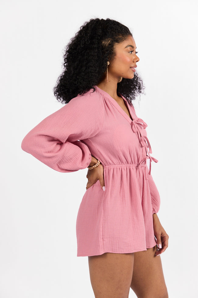 Endless Sunshine Pink Tie Front Long Sleeve Romper - Women's Summer Jumpsuit with Adjustable Waist | Perfect for Beach Vacations, Music Festivals & Date Nights