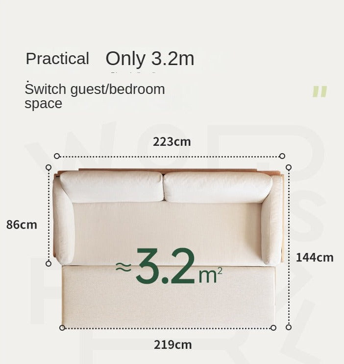 Oak Solid Wood Sofa Bed with Folding White Goose Feather Cushions - Convertible Sleeper for Small Spaces & Guest Rooms