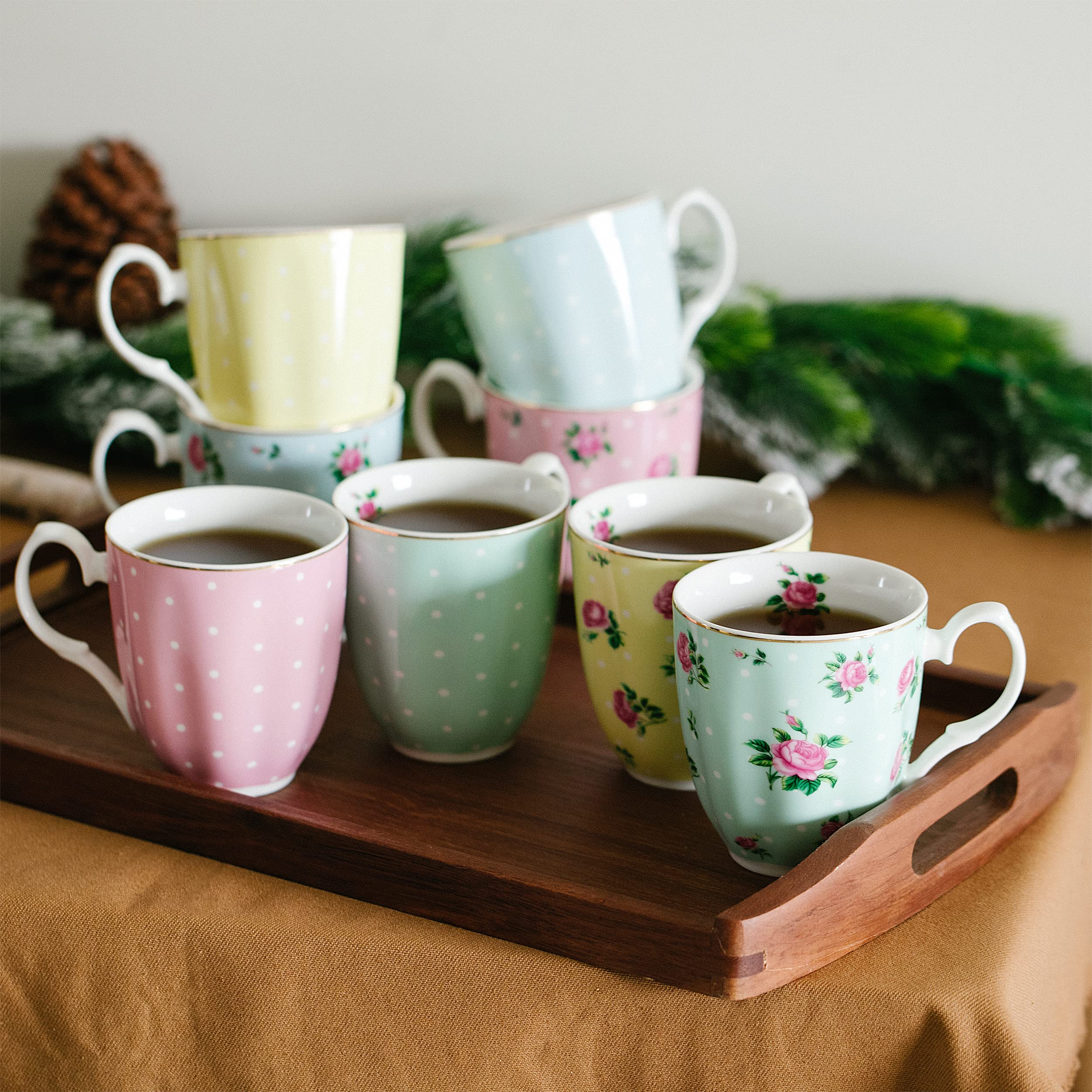 BTaT Royal Floral Coffee Mugs Set of 8 - 12 oz Porcelain Bone China Tea & Coffee Cups for Home, Office, Gifts - Elegant Large Mugs for Morning Coffee, Afternoon Tea, and Entertaining Guests