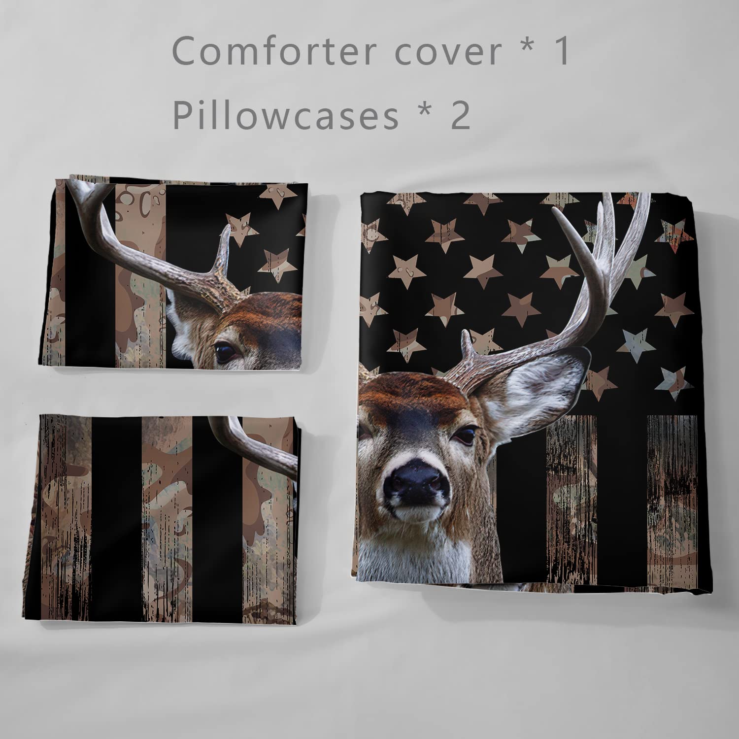 HOSIMA Deer Hunting Bedding Set - Camouflage Duvet Cover with American Flag Design & 2 Pillowcases - Hunter Themed Bedroom Decor for Adults and Teen Boys - Perfect for Hunting Cabins, Lodge Rooms, and Outdoor Enthusiast Bedrooms