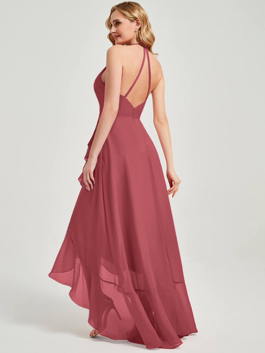 Elegant Desert Rose Halter V-Neck Backless High-Low Chiffon Bridesmaid Dress for Weddings & Formal Events | Flowy Summer Beach Party Gown