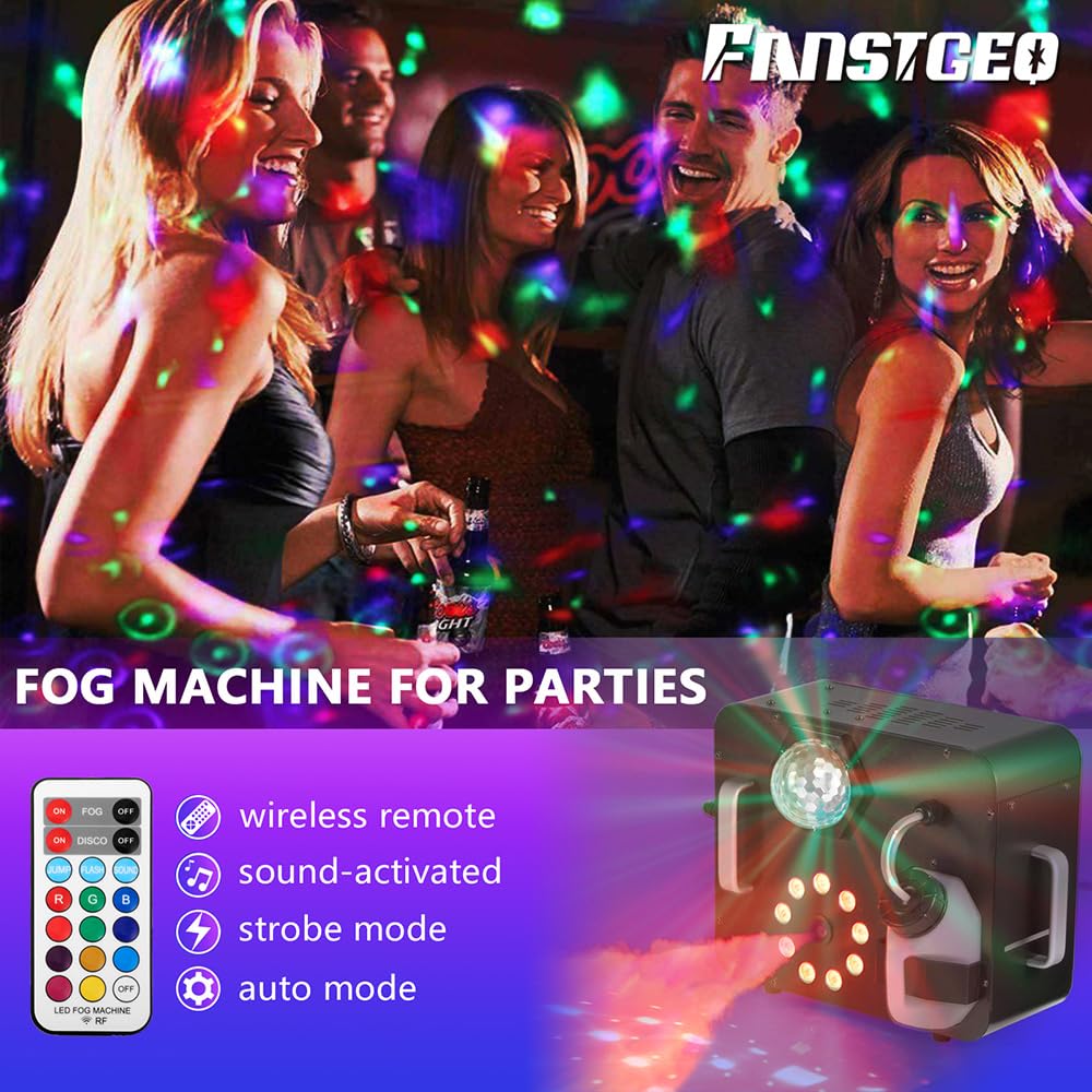 Professional Fog Machine with LED Lights & Disco Ball - Wireless Remote & Sound Activated Vertical/Horizontal Smoke Effect for Halloween Parties, Stage Shows, DJ Events & Home Disco