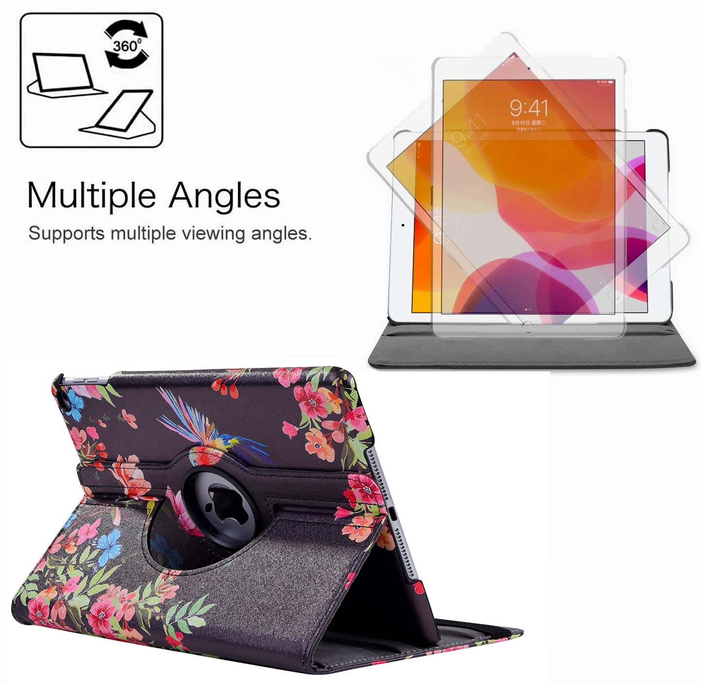 360° Rotating Protective Case for iPad 9.7 Inch (6th/5th Gen) & iPad Air 2 - Auto Sleep/Wake Stand Cover with Shock Absorption - Perfect for Work, Travel & Home Use (Black Hummingbird Design)