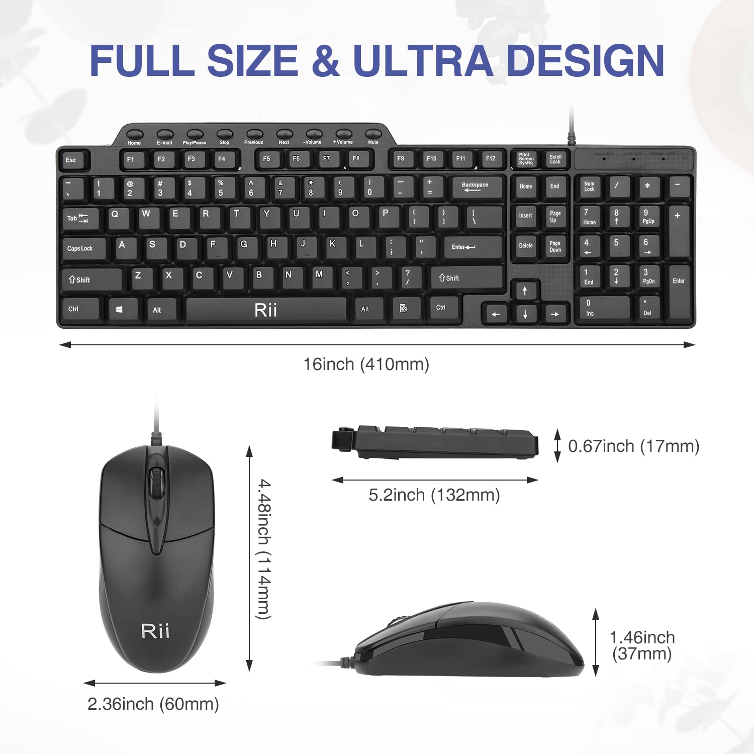 (10 Pack) Rii RK203 Ultra Slim Wired Keyboard and Mouse Combo Set with Number Pad - Full Size USB Keyboard & Mouse for PC, Laptop, Desktop, Windows - Perfect for Office, Gaming & Home Use