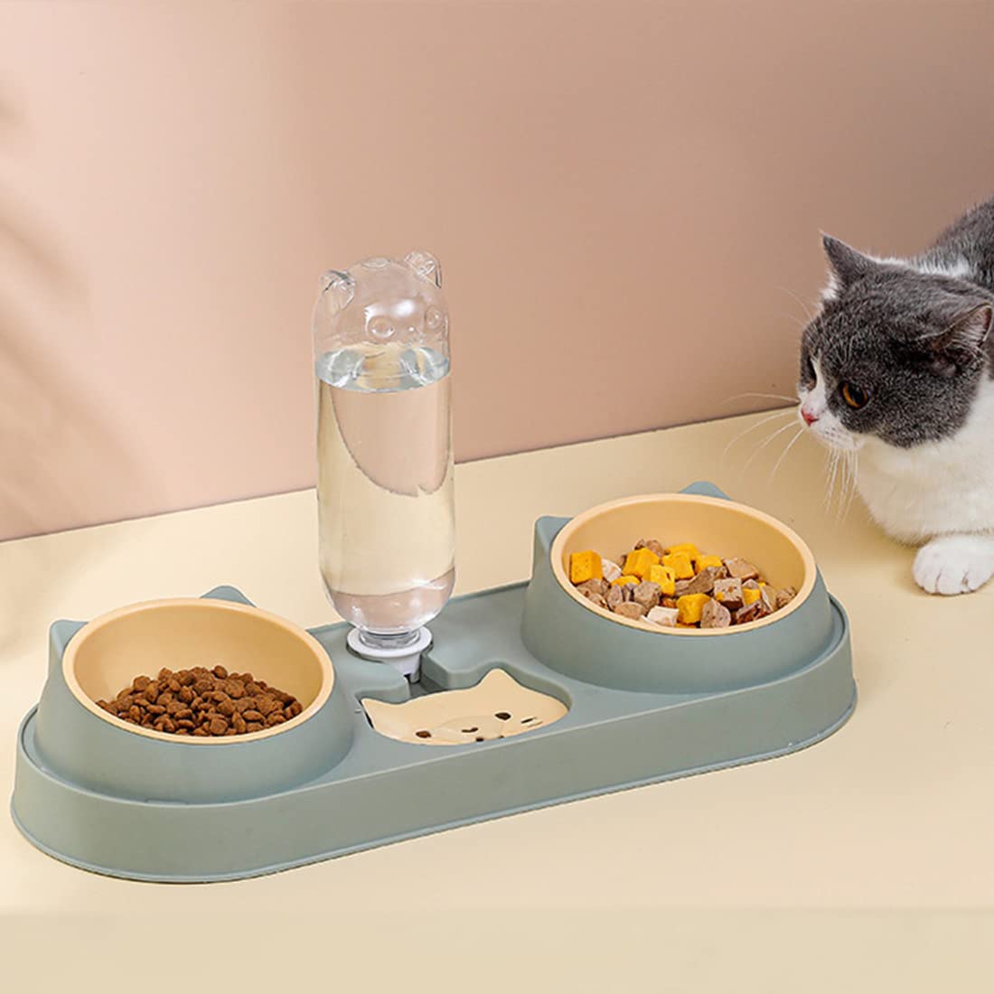 Triple Elevated Cat Bowls with Water Dispenser - 3-in-1 Automatic Pet Feeder for Cats & Small Dogs - Raised Plastic Food & Water Dish Set for Wet/Dry Food (Dark Green) - Perfect for Home, Kitchen & Travel Use