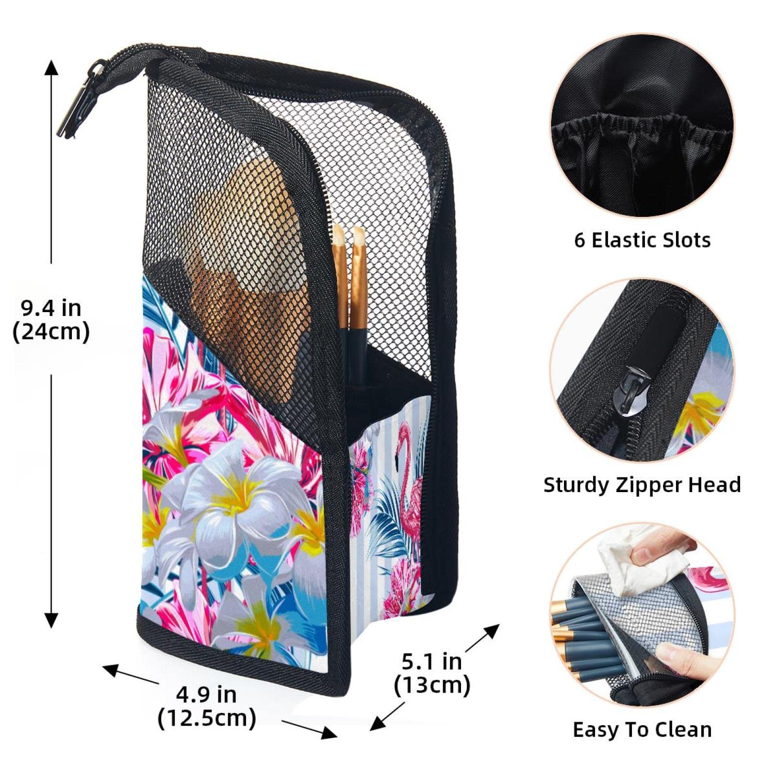 Floral Tropical Pink Flamingos Makeup Brush Organizer Bag with 12 Brushes - Portable Waterproof Cosmetic Brush Holder Case for Travel & Home Vanity Organization