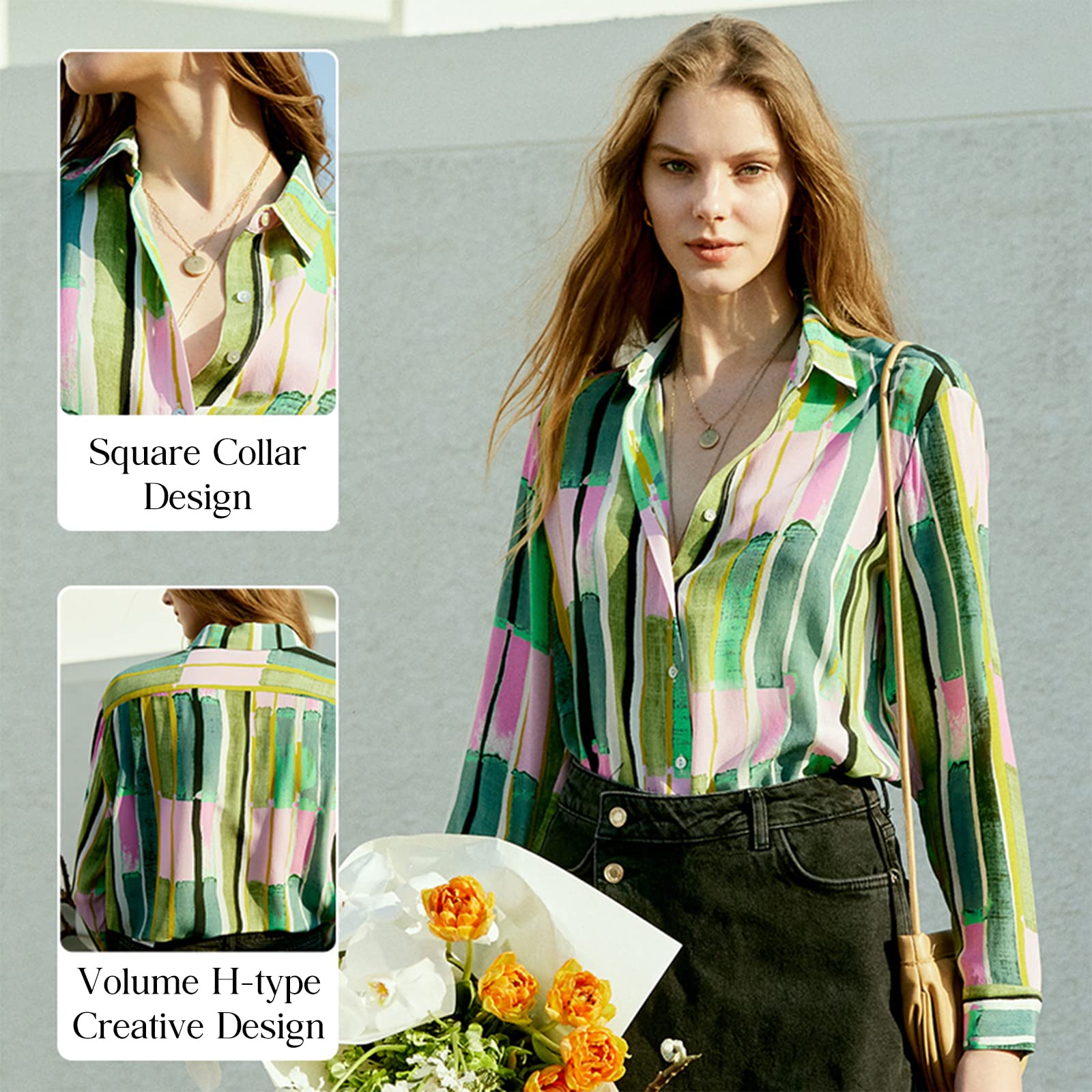 Women's 100% Pure Silk Blouse - Elegant Long Sleeve Button Down Shirt for Spring & Summer | Floral & Striped Tops | Smooth & Comfortable Silk Blouses for Work, Office & Special Occasions