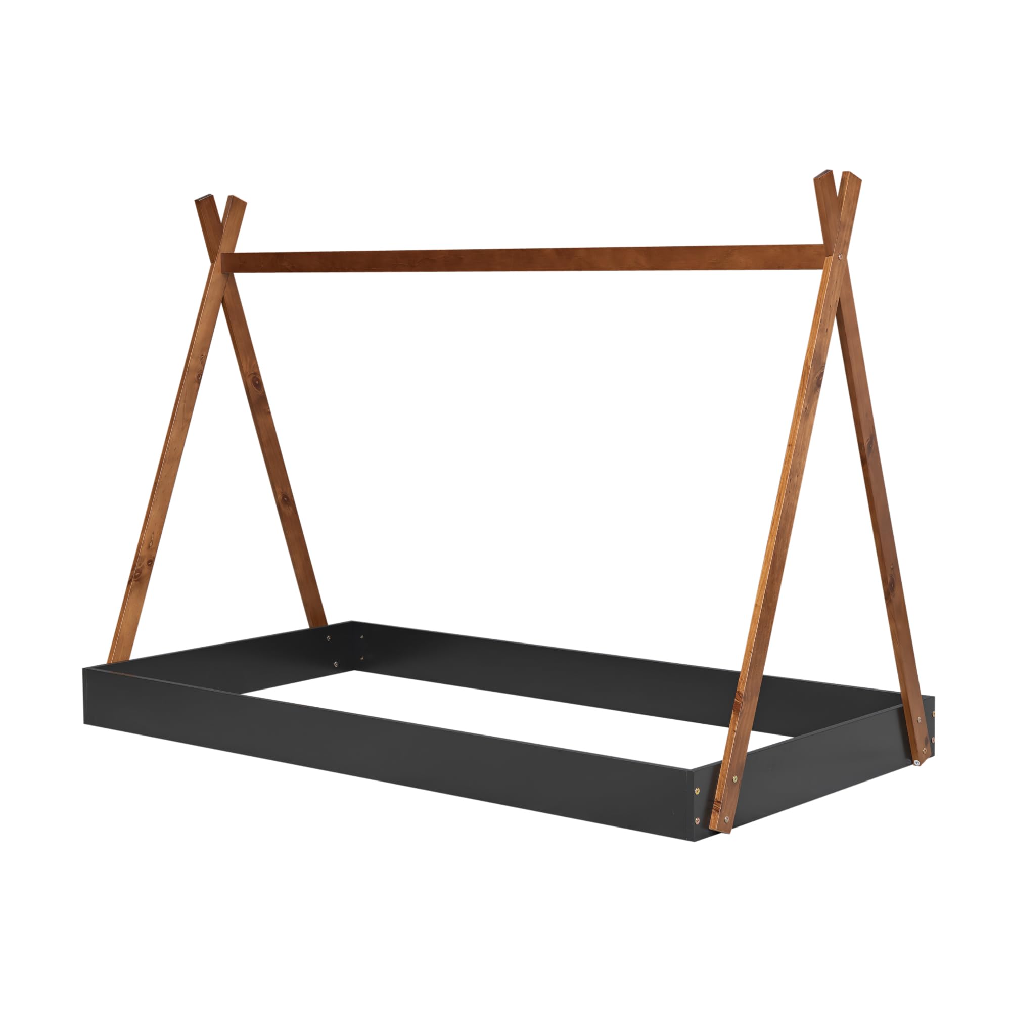Bellemave Twin Size Tent Floor Bed Frame with Triangle Structure - Teepee Style Montessori Bed for Kids, Girls & Boys - Sturdy Wooden Platform Bed for Playrooms & Bedrooms (Twin, Black + Brown) - Perfect for Imaginative Play & Cozy Sleep Spaces