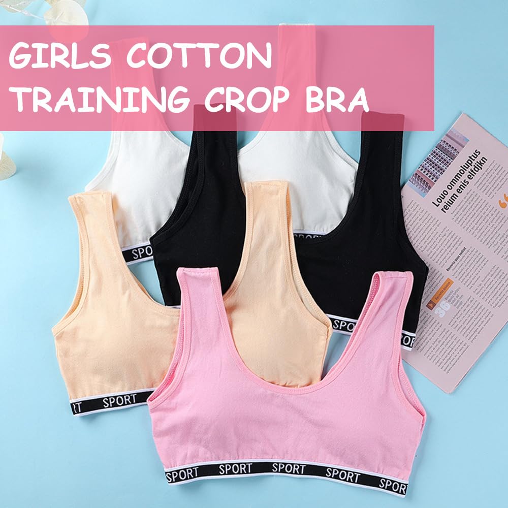 5 Pack Girls Sports Bras - Cotton Training Bras with Removable Pads, U-Shape Back Support for Teenage Girls 8-15 Years - Perfect for Gym, Yoga & Everyday Wear