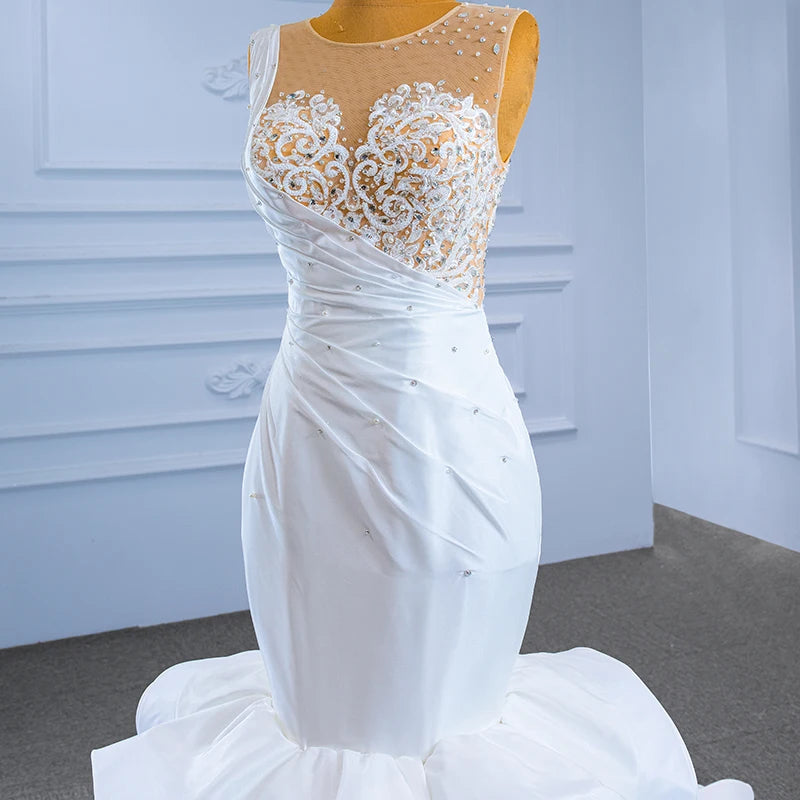 Elegant Crystal Mermaid Wedding Dress with Pearl Embellishments & Lace Detailing - Luxury Satin Sleeves for Brides - Perfect for Beach Weddings, Vow Renewals & Romantic Photoshoots