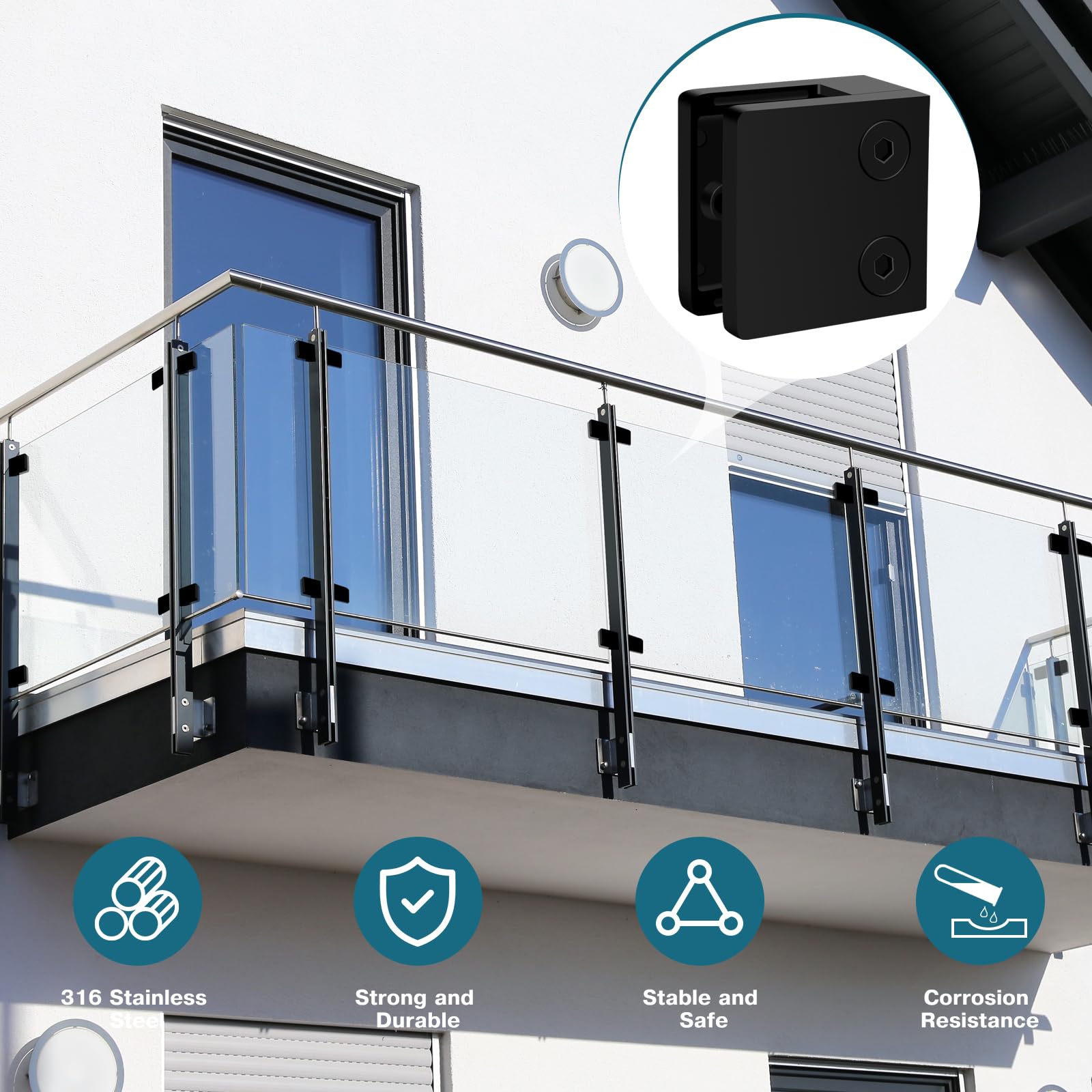 4 Pack Black Glass Clamp for Glass Balustrade - Stainless Steel 304 Square Flat Back Glass Brackets for Glass Railing - Heavy Duty 45x45mm Glass Bracket Fits 1/3
