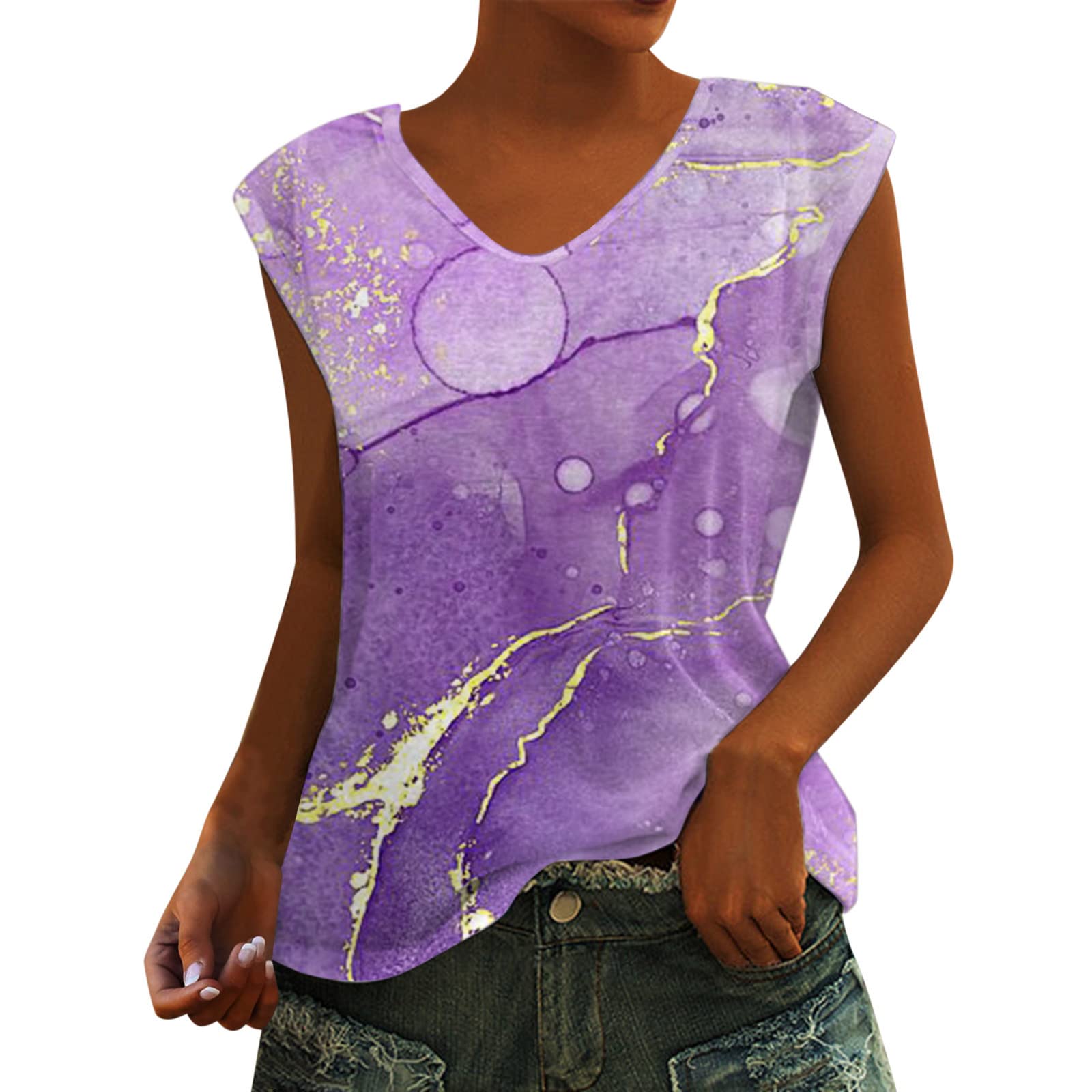 Women's Summer Fashion V-Neck Tank Tops - Trendy Loose Fit Cap Sleeve Blouse, Casual Basic Plain Shirts for Women (Purple, Size S) | Perfect for Beach Outings, Vacation Wear & Everyday Casual Style