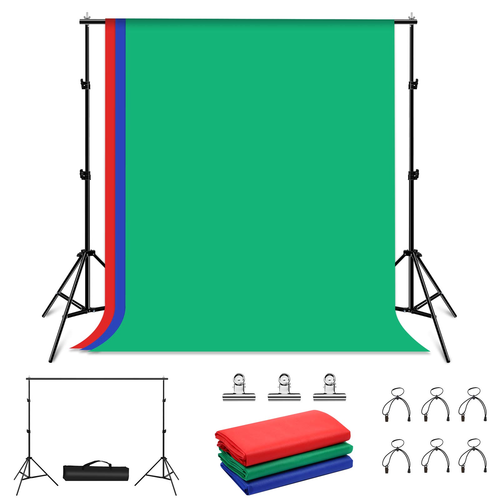 PULUZ 6.5x6.5ft/2x2M Photo Studio Backdrop Stand Kit with 5.3x6.5ft/1.6x2M Fabric Background (Red, Blue, Green) - Perfect for Portrait Photography, Product Shoots, YouTube Videos & Content Creation