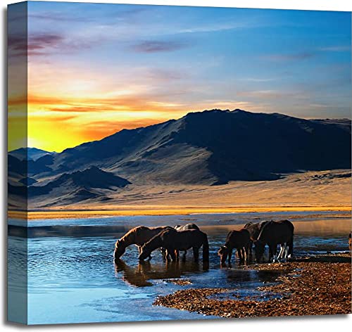 Barewalls Drinking Horses Gallery Wrapped Canvas Wall Art - 20x20 Inches Modern Home Decor for Living Room, Bedroom & Office - Ready to Hang Framed Print