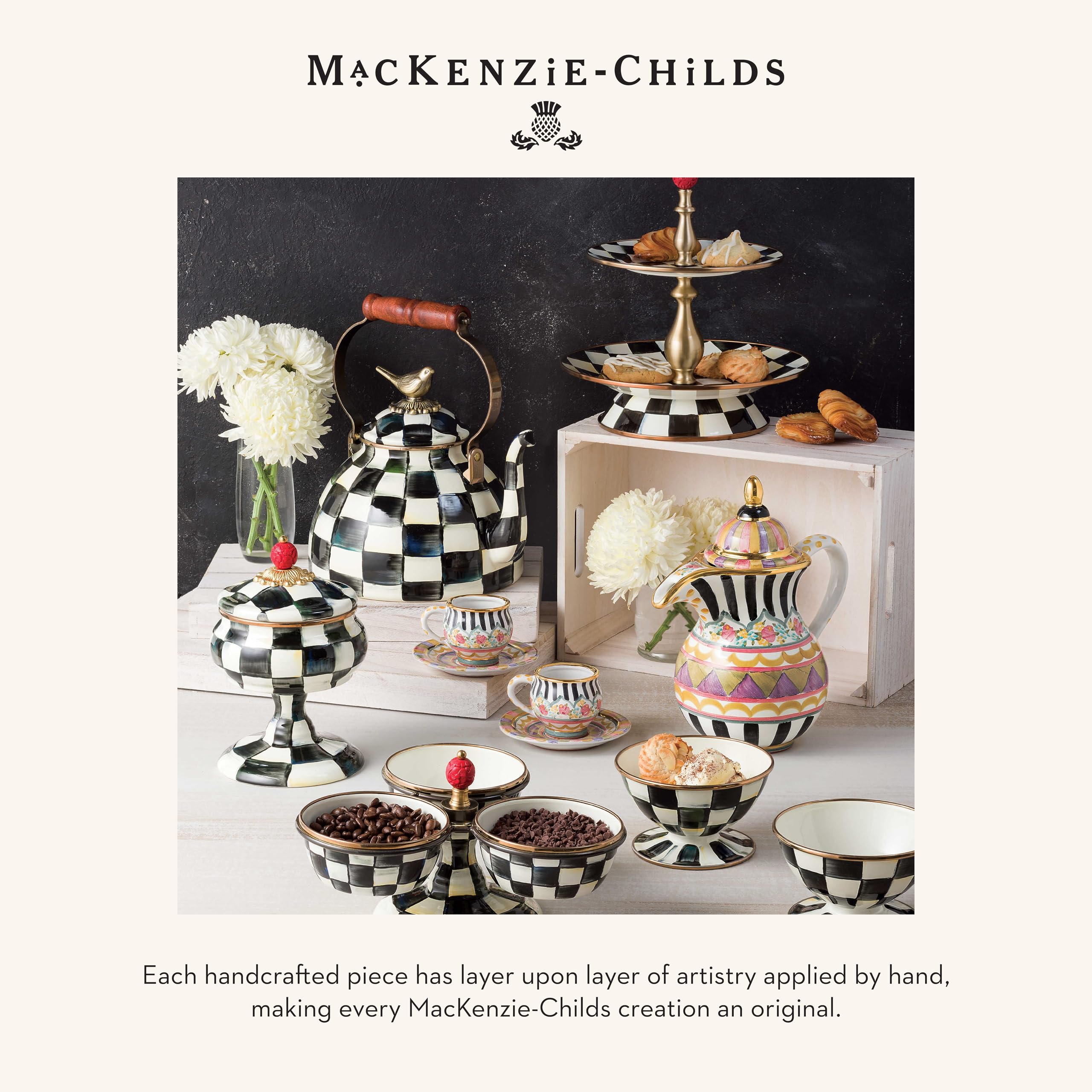 MACKENZIE-CHILDS Large Enamel Canister - 1.89L Kitchen Storage Container for Flour, Sugar, Coffee & Dry Goods - Black & White Courtly Check Design - Perfect for Pantry Organization & Farmhouse Style Kitchens