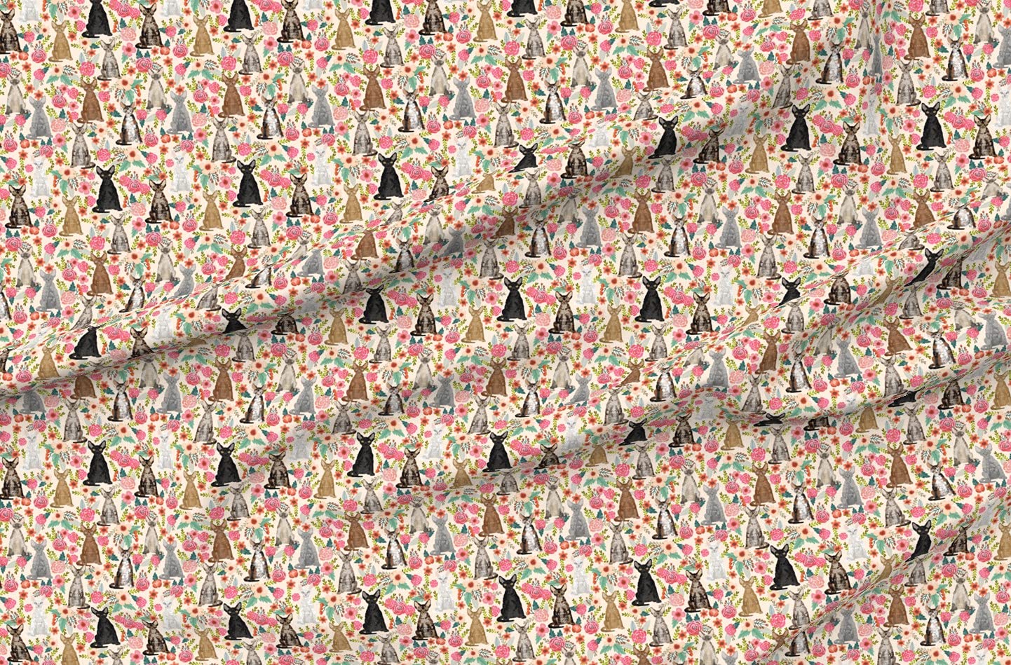 Premium Cat Breed Floral Printed Minky Fabric by The Yard - Cute Pet Cream Cats Lady Portrait Design for Sewing Baby Blankets, Quilt Backing & Plush Toys - Soft DIY Craft Material for Nursery Decor, Pet Accessories & Home Textiles