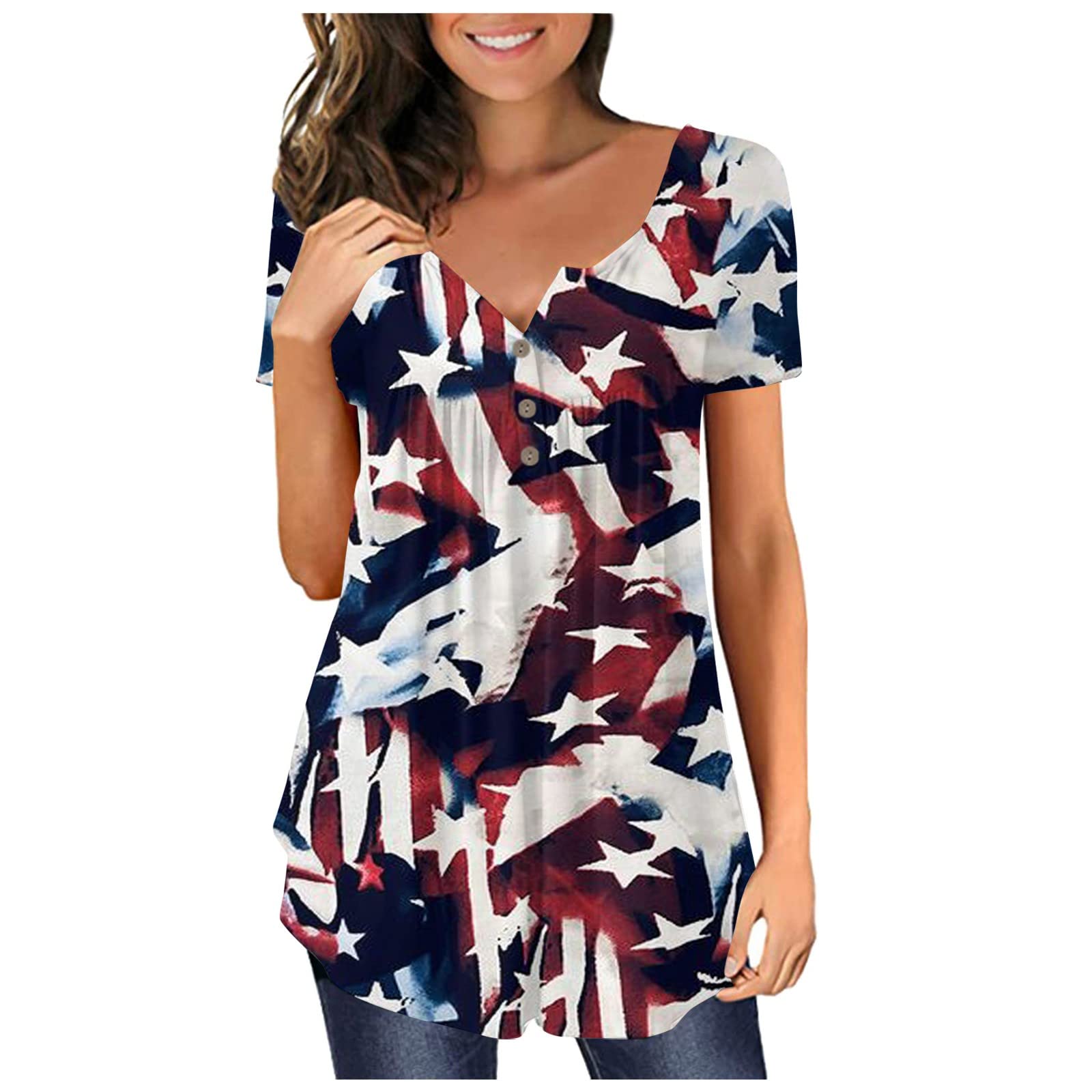 Women's 4th of July Short Sleeve Blouse - Loose Fit Casual Pleated Top with Button Tie Detail | Perfect for Independence Day Celebrations, Summer BBQs & Patriotic Outfits